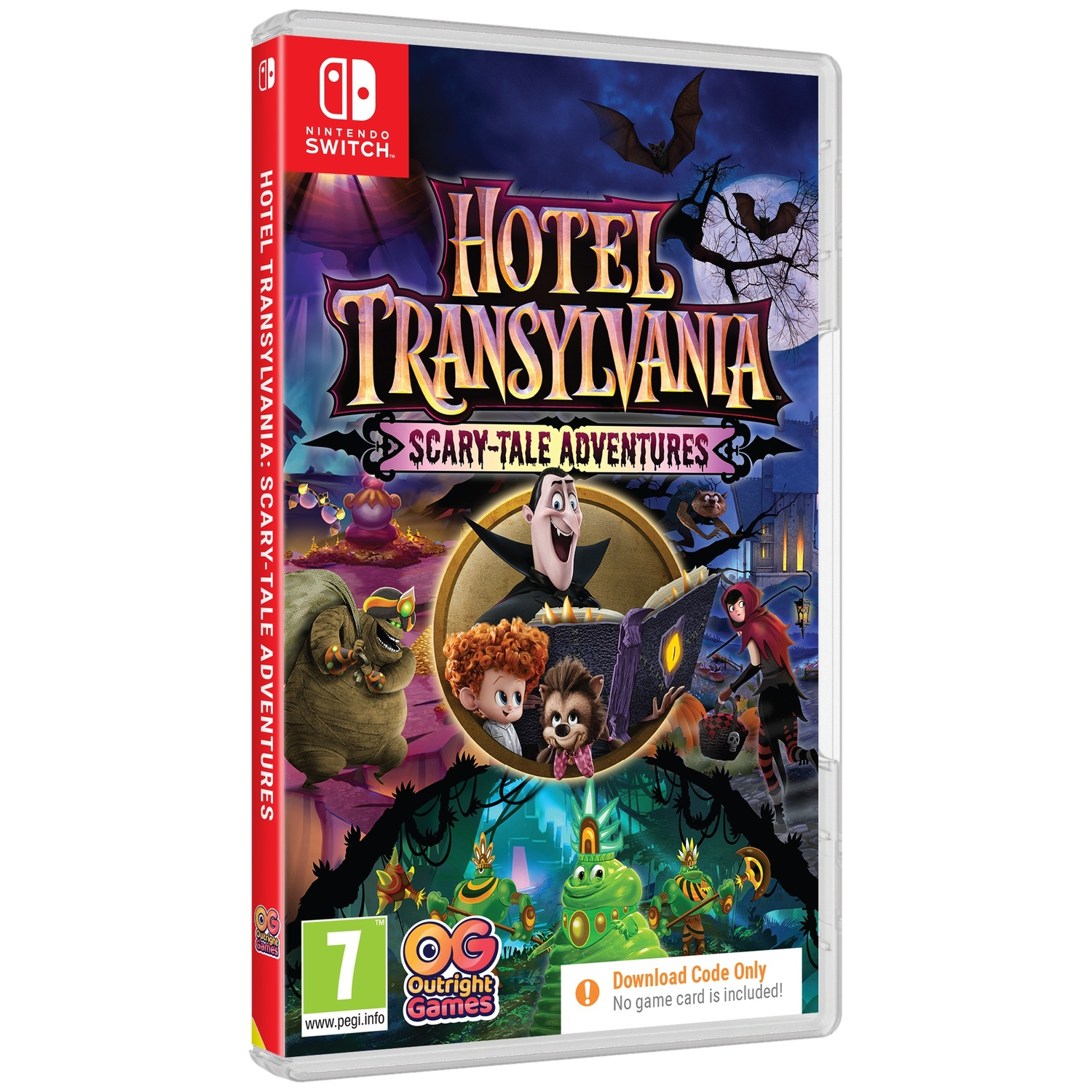 Nintendo Switch game case for Hotel Transylvania: Scary-Tale Adventures featuring characters and a purple background.