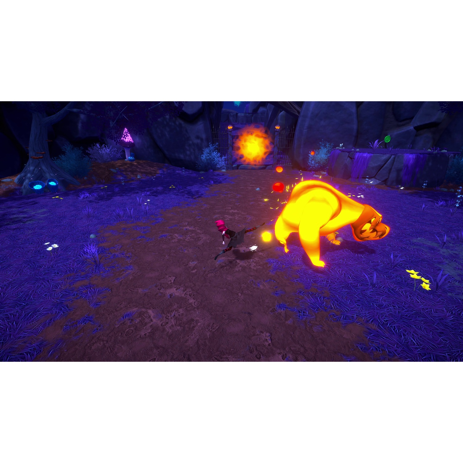 A pink-haired character battles a fiery monster in a magical purple landscape.