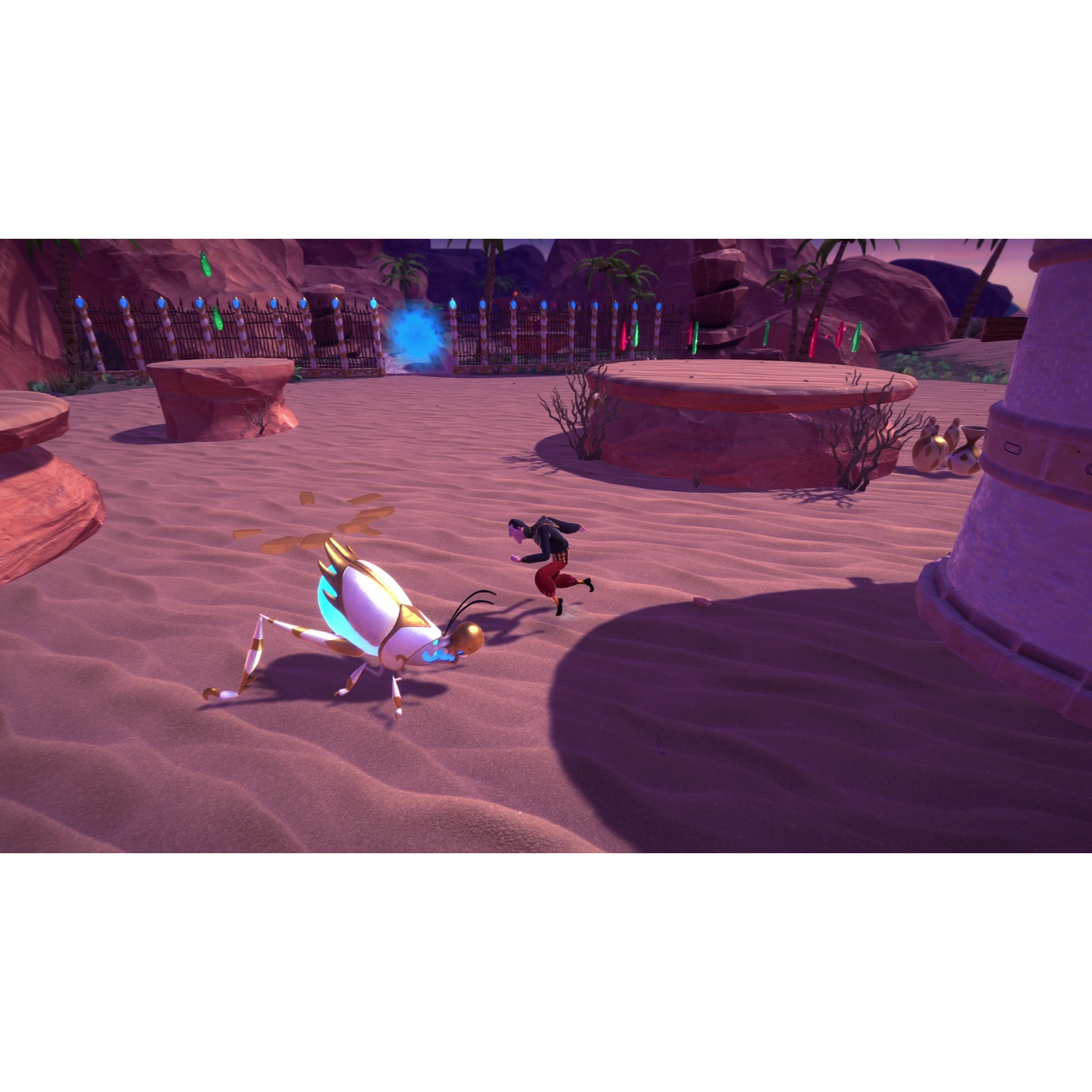 A person runs from a glowing creature in a sandy landscape.