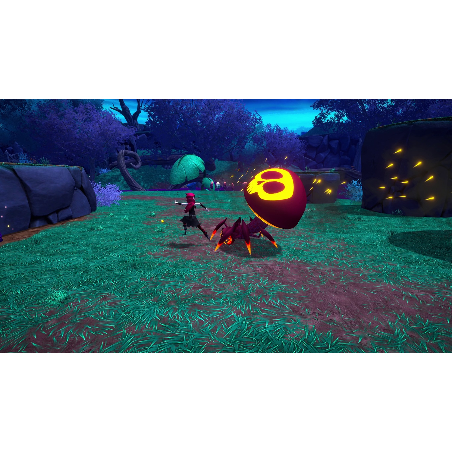 A character fights a spider-like monster with a glowing yellow skull symbol on its back in a grassy field.