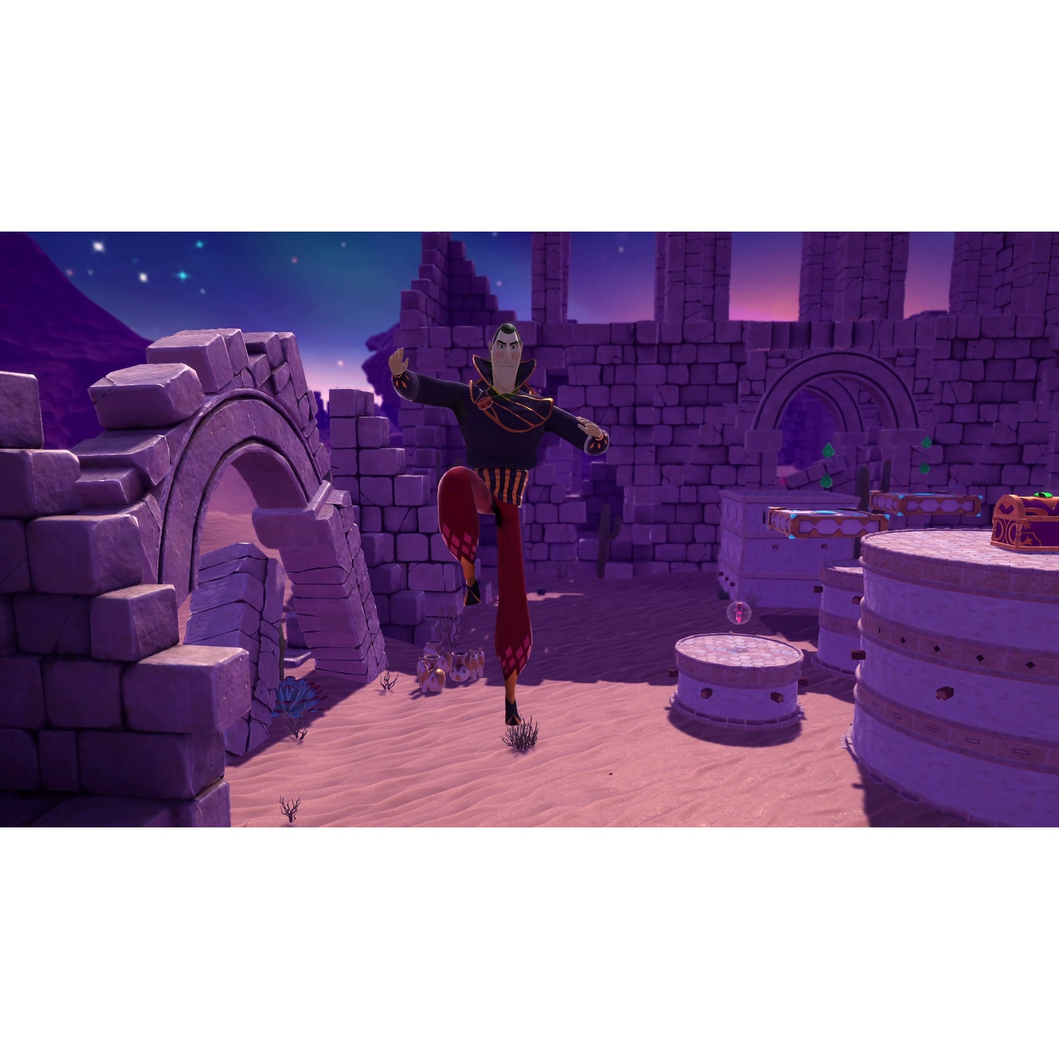 A man in a black top and red pants poses in ancient violet ruins in a desert.