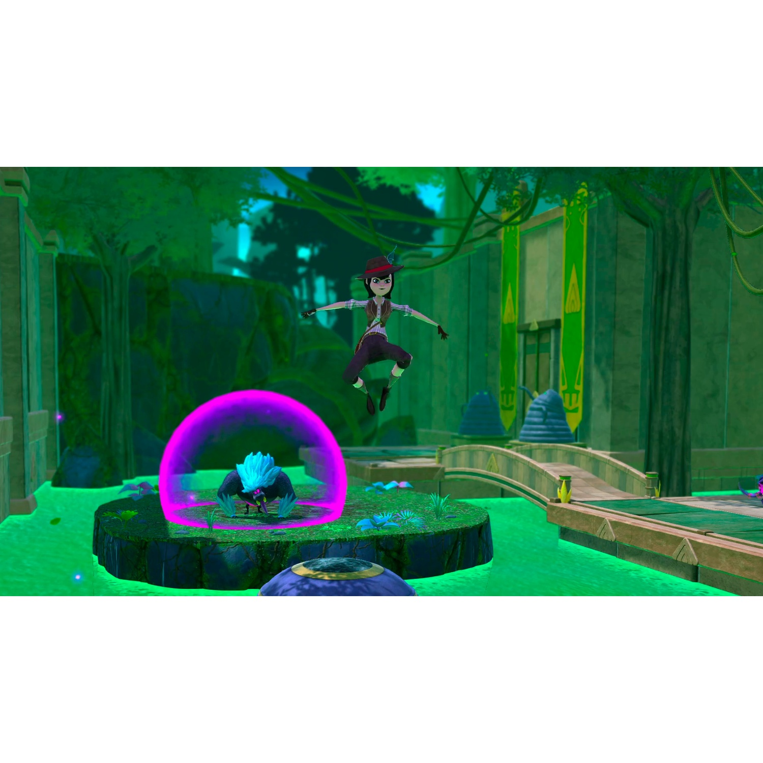 A character leaps over a green landscape, while a blue creature stands protected inside a pink dome.