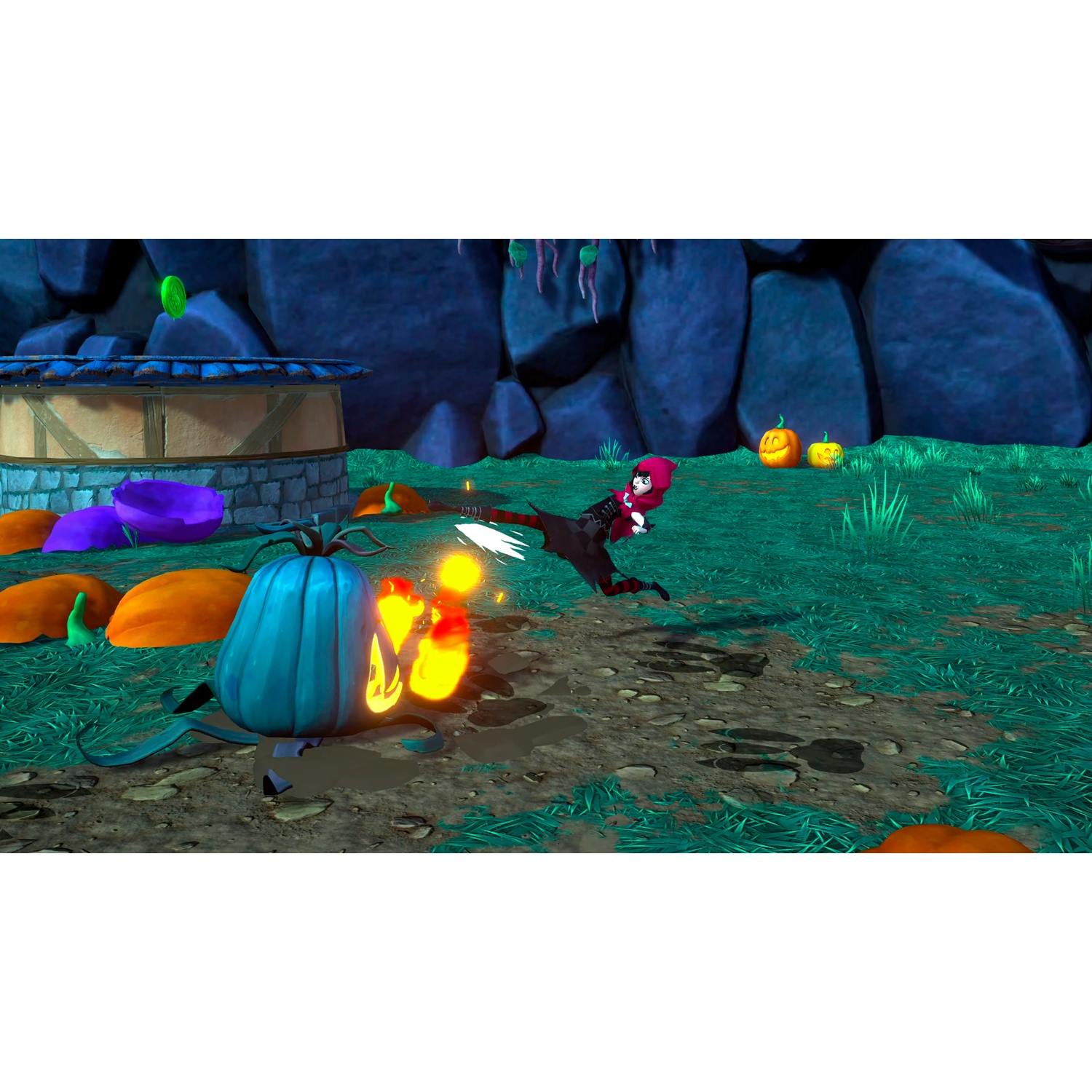 A character in a red hooded cape kicks a burning blue pumpkin in a magical landscape.