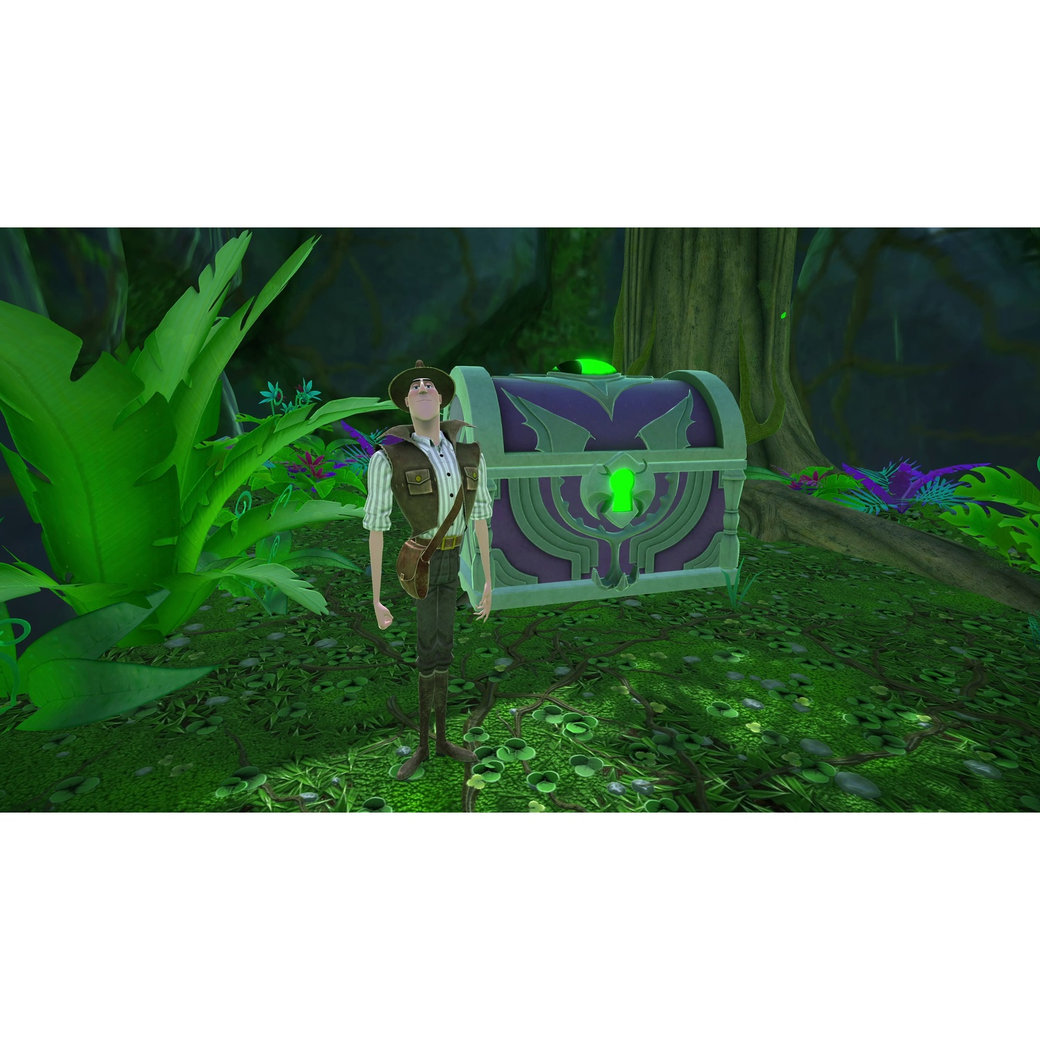 An explorer in a jungle stands beside a purple and green treasure chest.