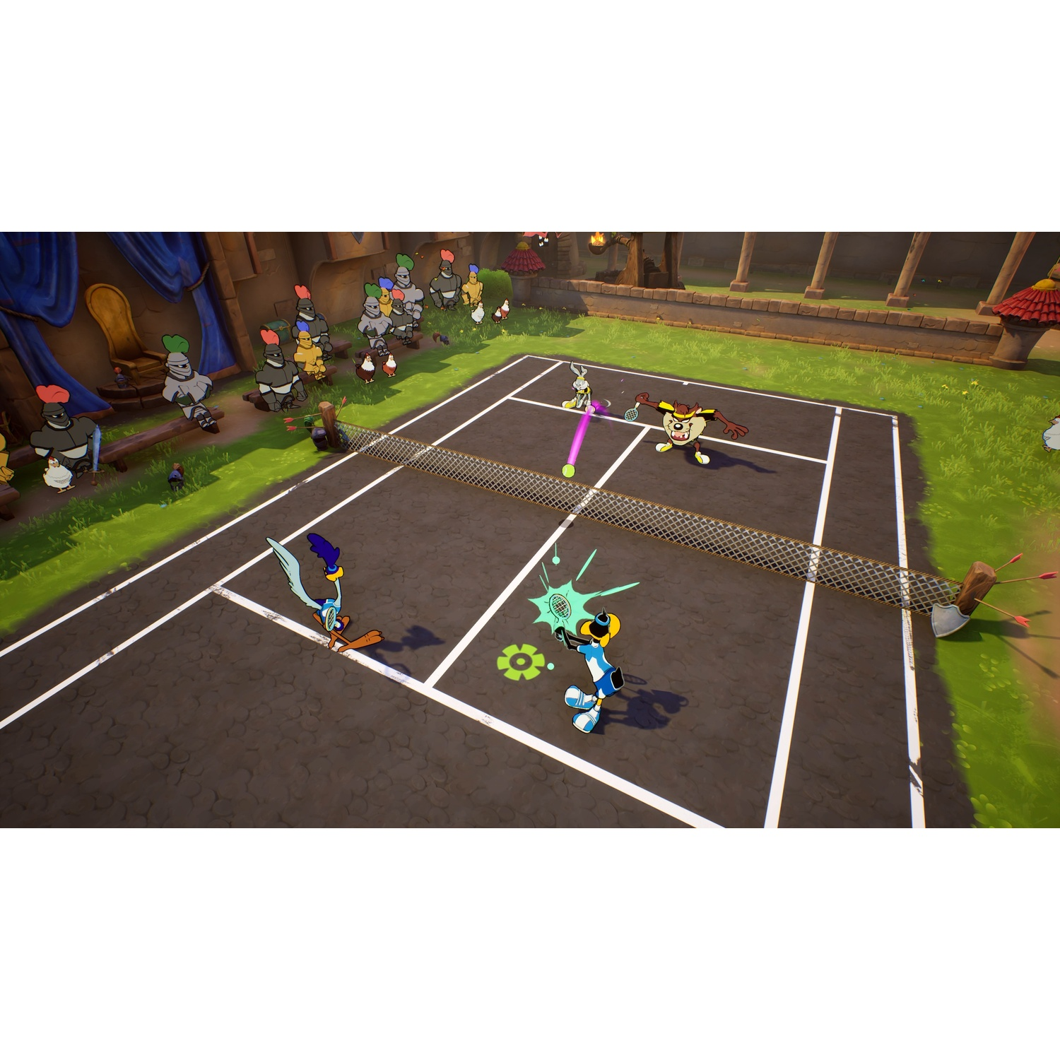 Looney Tunes characters play tennis on an outdoor court with knights watching.