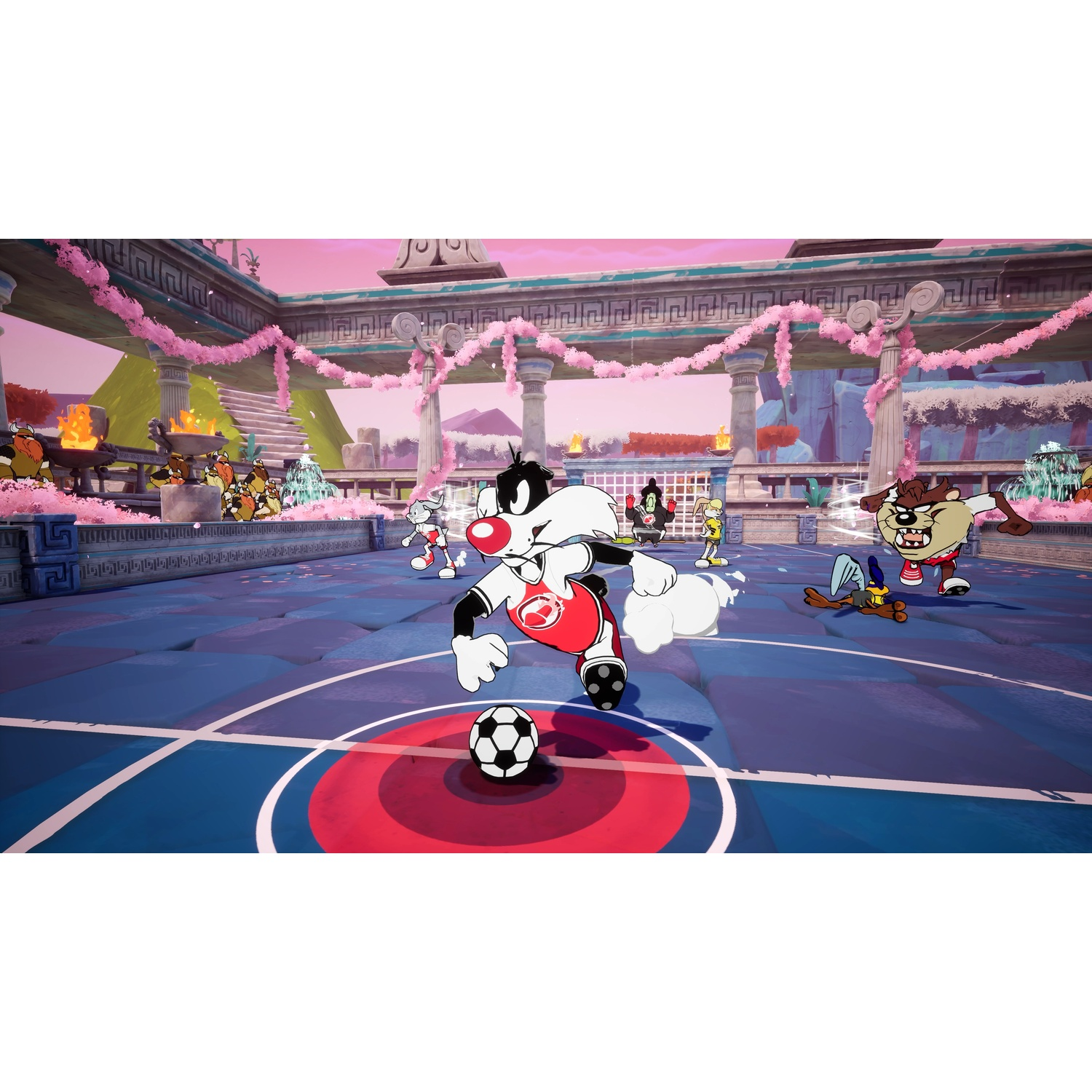 Looney Tunes characters play soccer on an ancient court with pillars and pink garlands.