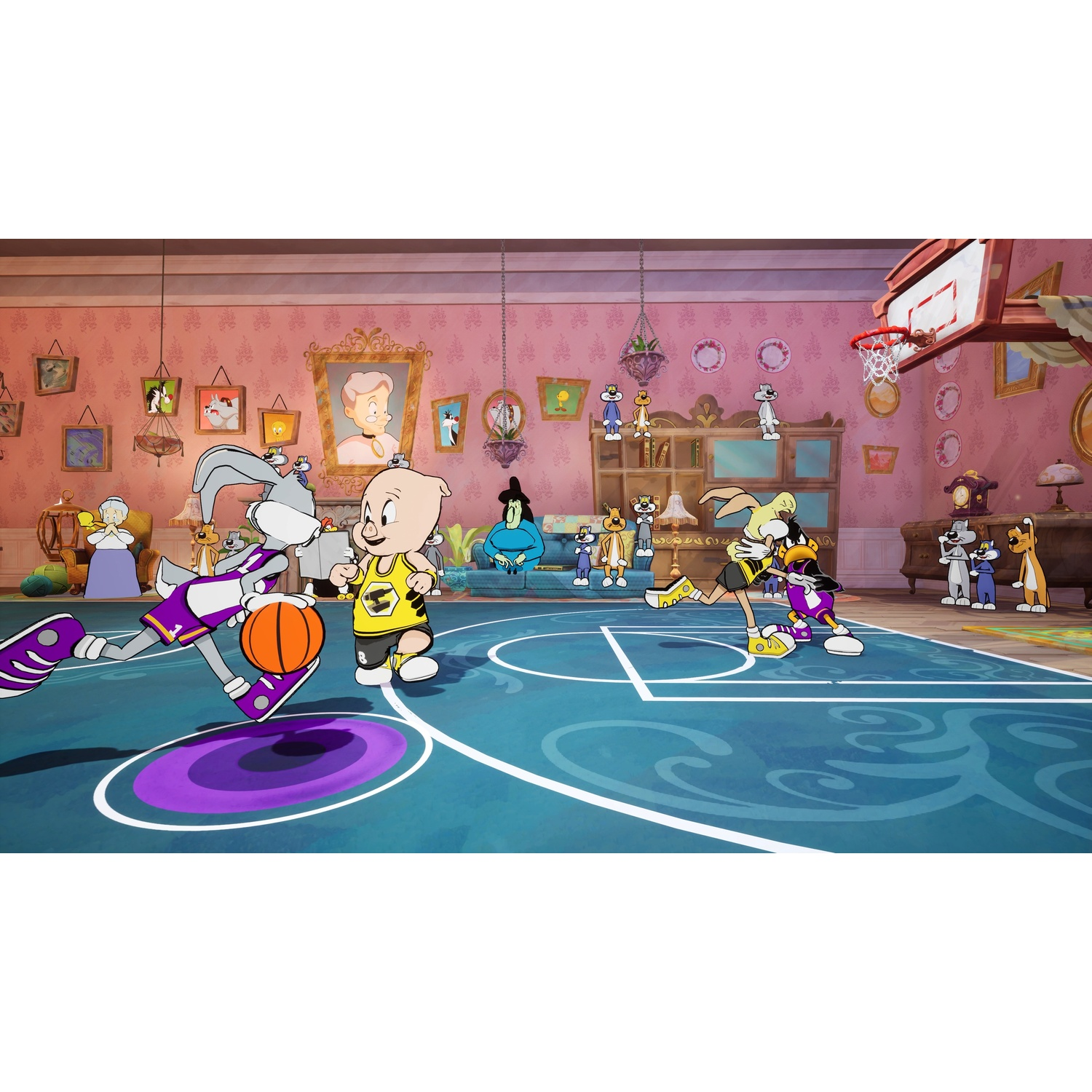 Looney Tunes characters play basketball indoors on a blue court inside a pink room filled with portraits and furniture.