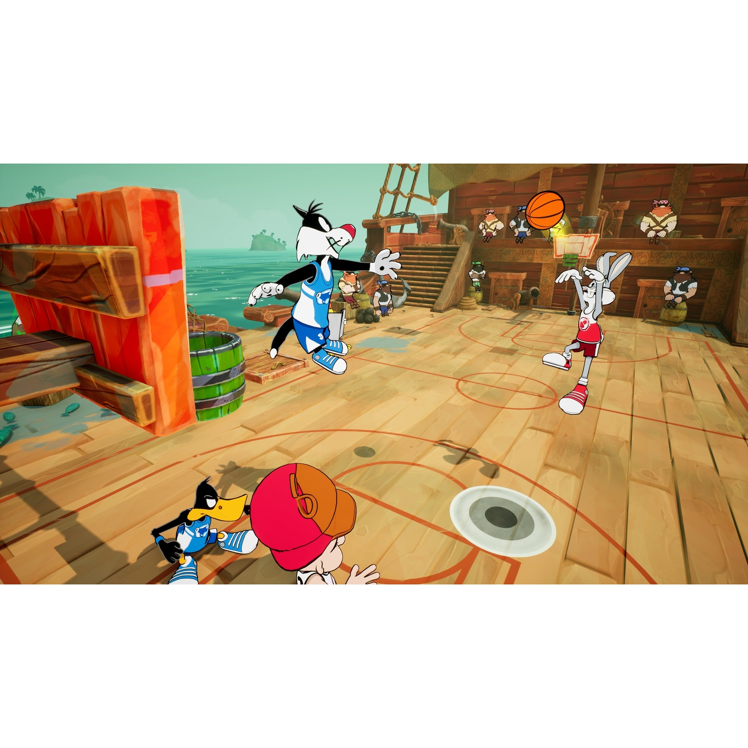 Looney Tunes characters play basketball on a pirate ship deck.