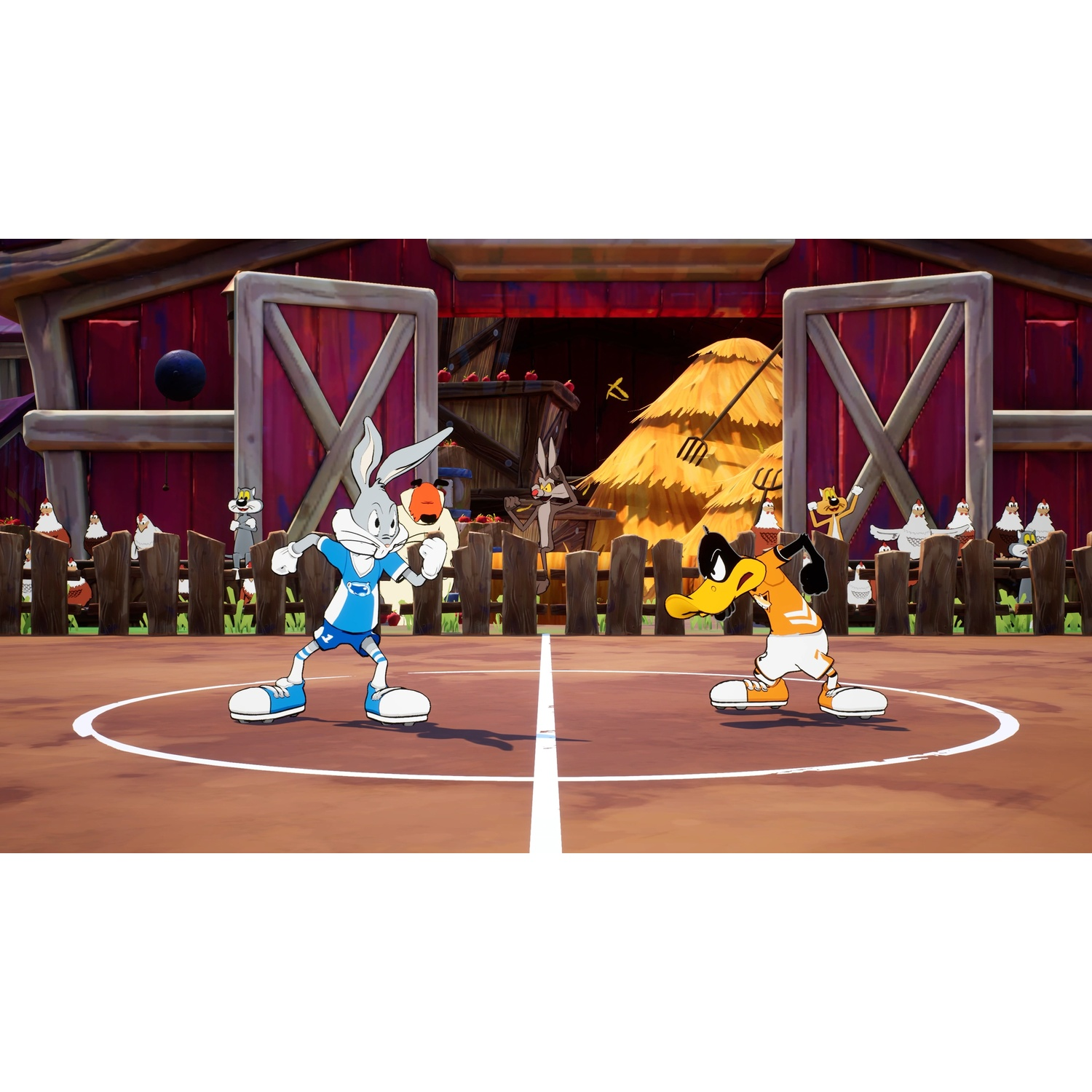 Bugs Bunny and Daffy Duck face each other on a sports field in front of a red barn.