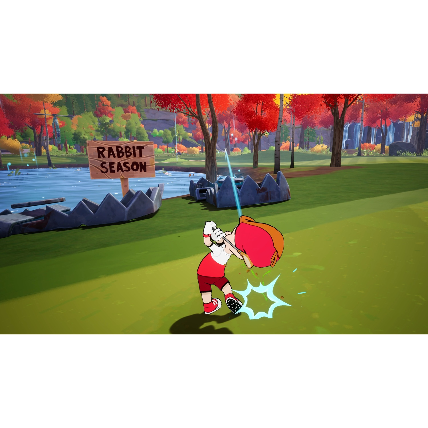 A cartoon-style character swings a golf club on a green course with red trees and a sign.