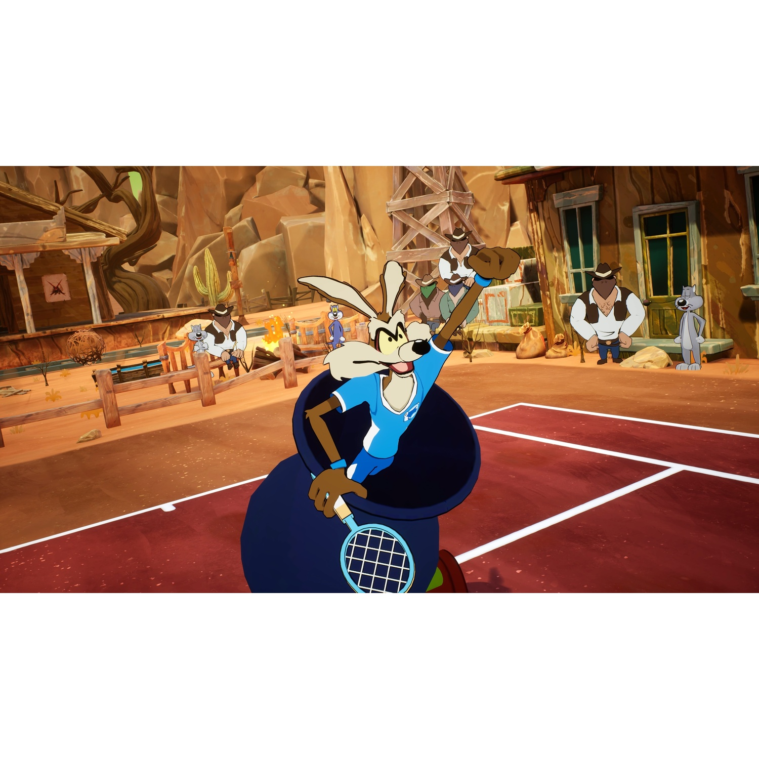 Wile E. Coyote in a blue chair holds a tennis racket on a red court, with characters in the background.