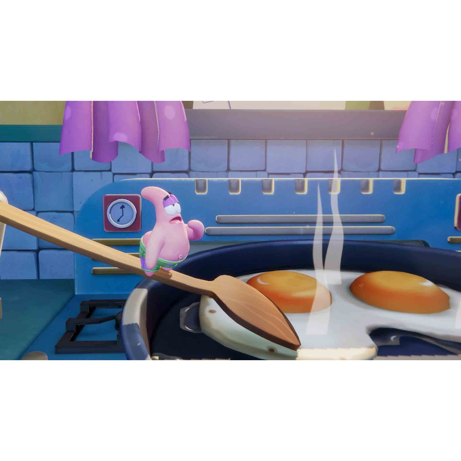 Patrick Star stands on a wooden spoon over a frying pan with two fried eggs.