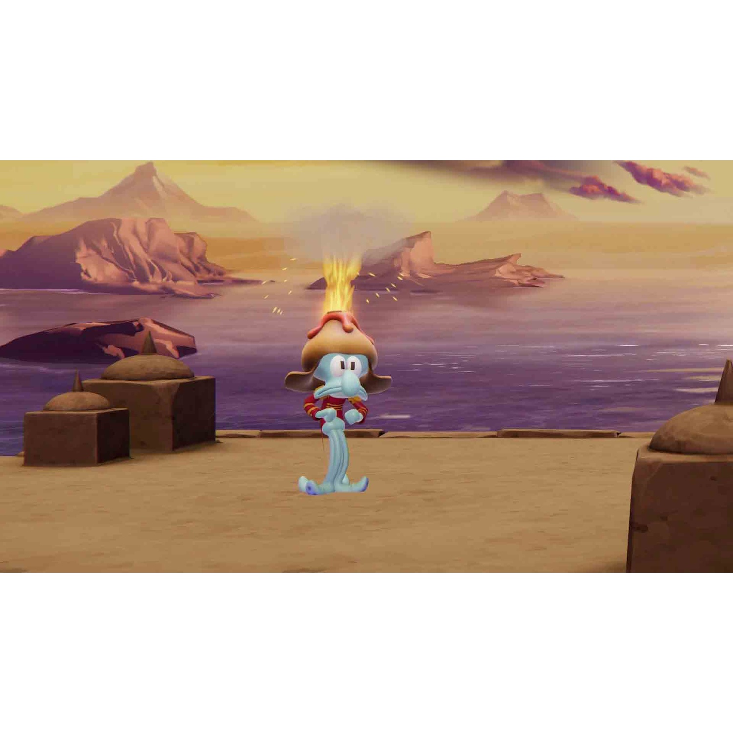 A blue cartoon character with a volcano hat erupting stands on a rocky shore overlooking the ocean and mountains.