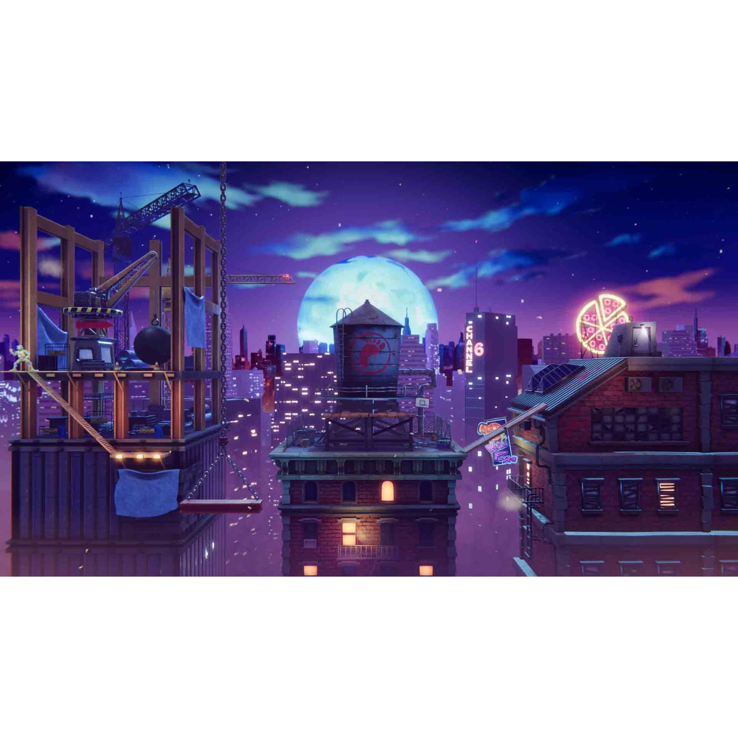 Night skyline with skyscrapers, a large moon, and a water tower in the foreground.