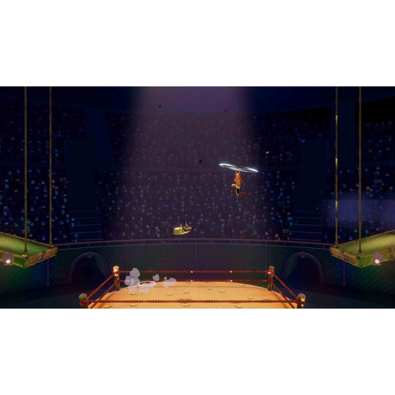 A character holding a hoop in a dimly lit arena filled with cheering crowds, with a boxing ring in the foreground.
