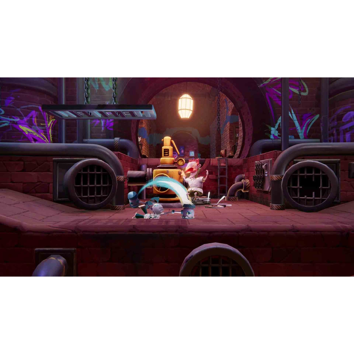 A cartoon character in a sewer with pipes and graffiti swings a glowing weapon at a smaller robot.