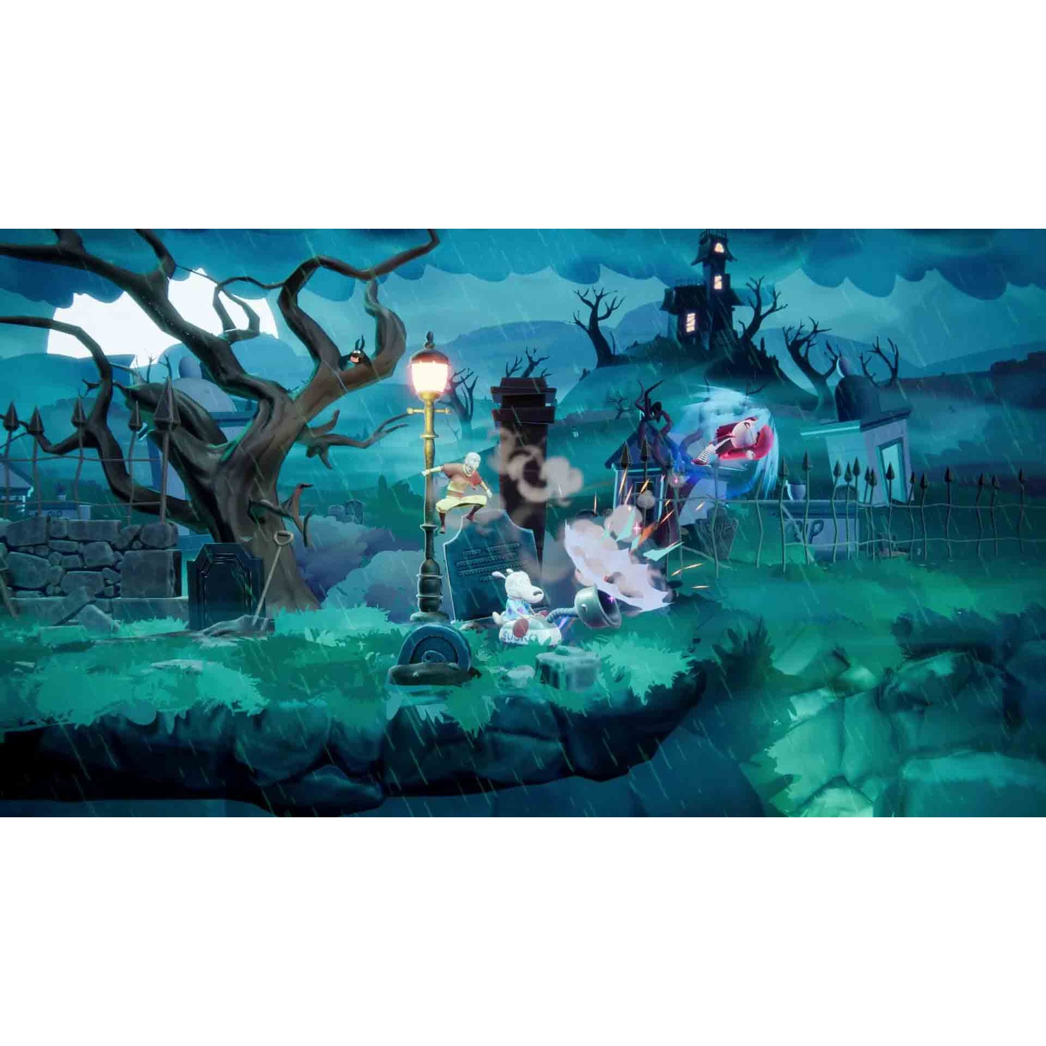 An animated night scene in a graveyard featuring characters, tombstones, and an illuminated lamppost.