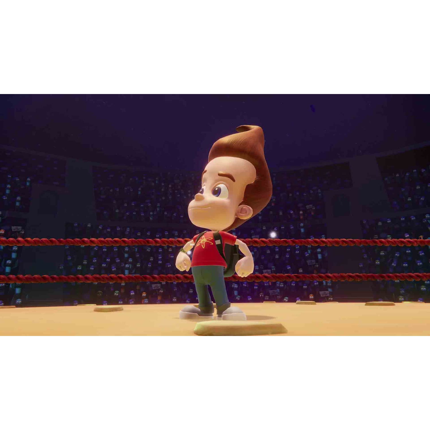 Jimmy Neutron stands in a boxing ring with a crowd watching in the dark background.