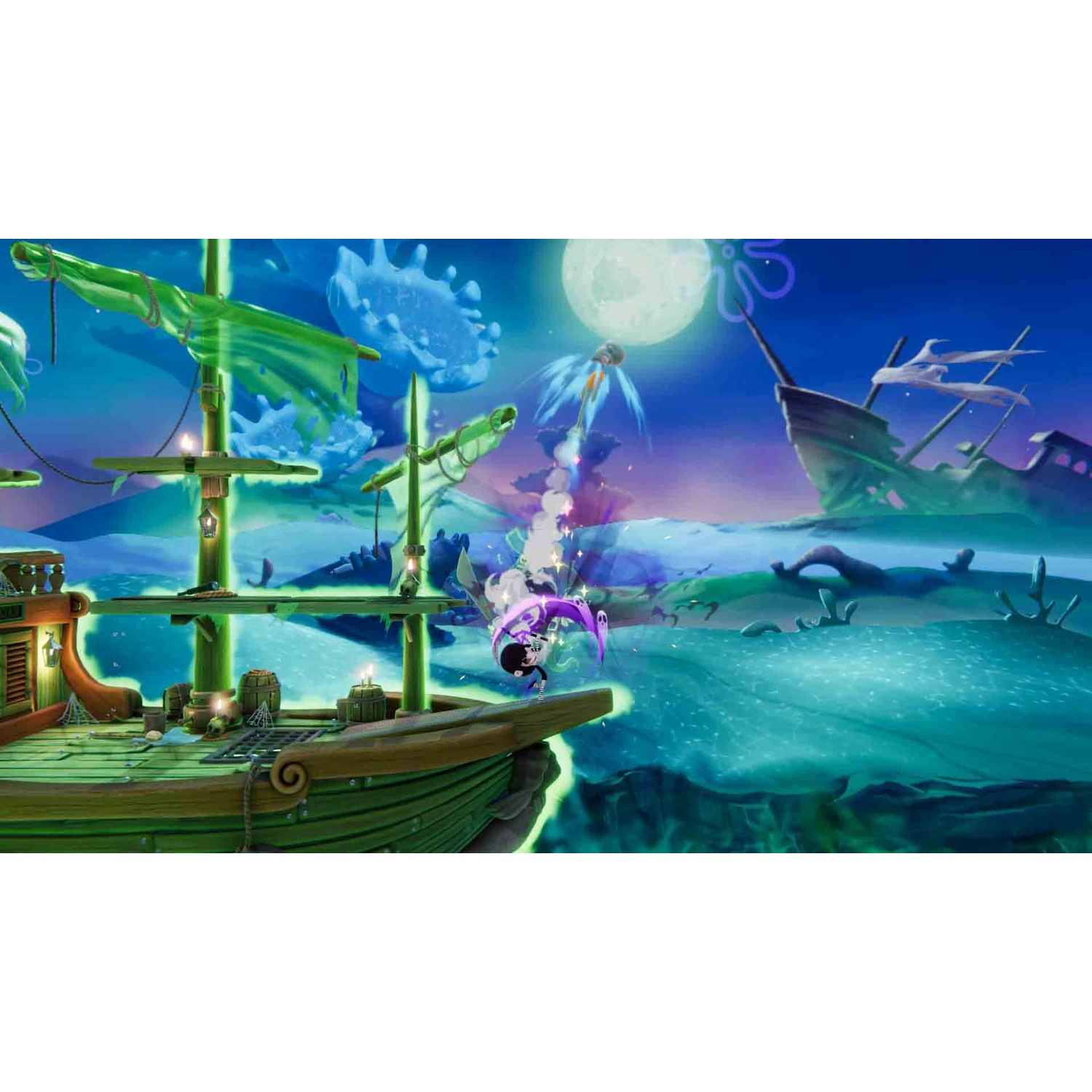 A character jumps from a glowing green pirate ship under a bright full moon with a shipwreck in the background.