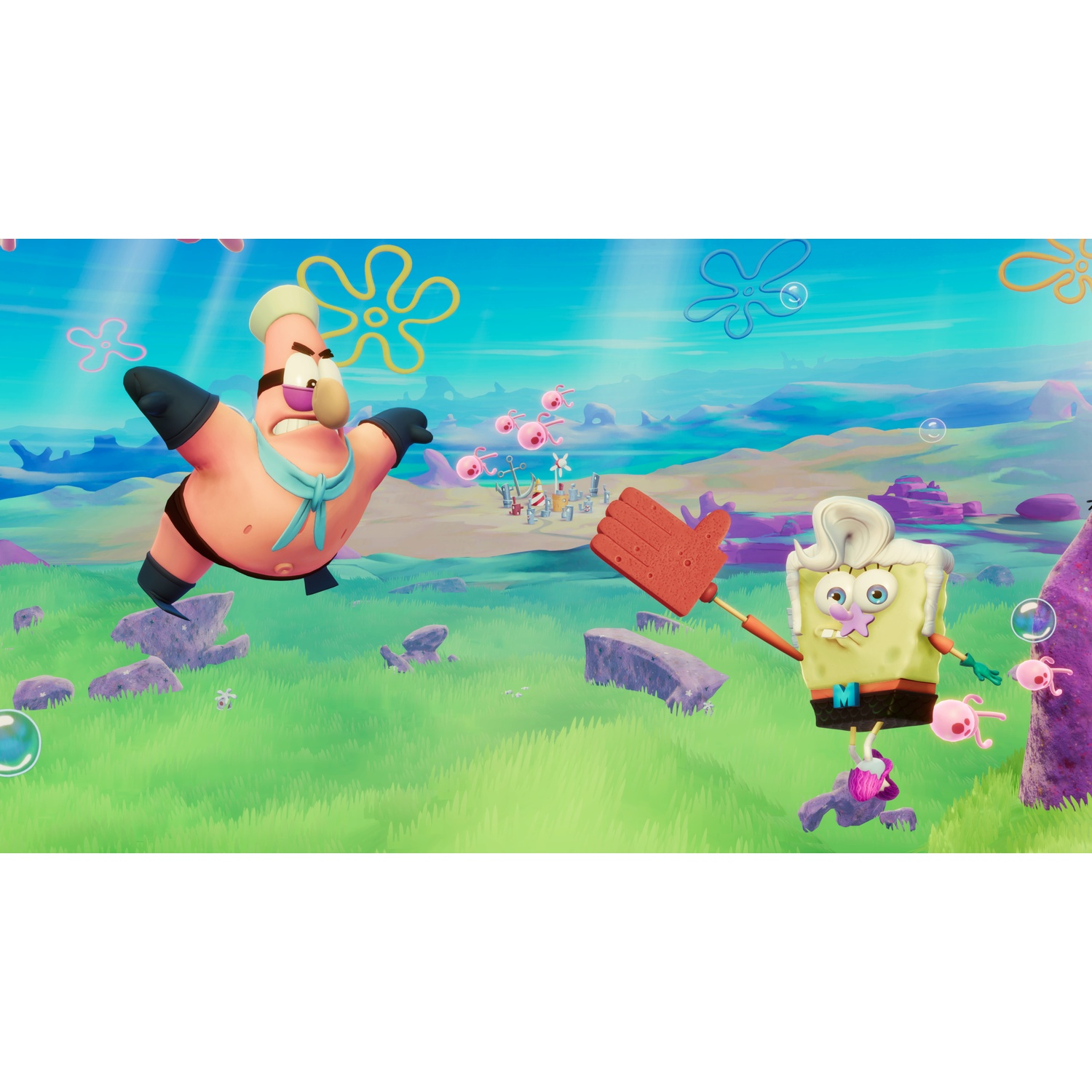 Patrick Star and SpongeBob SquarePants in an underwater landscape with green grass and a blue sky.