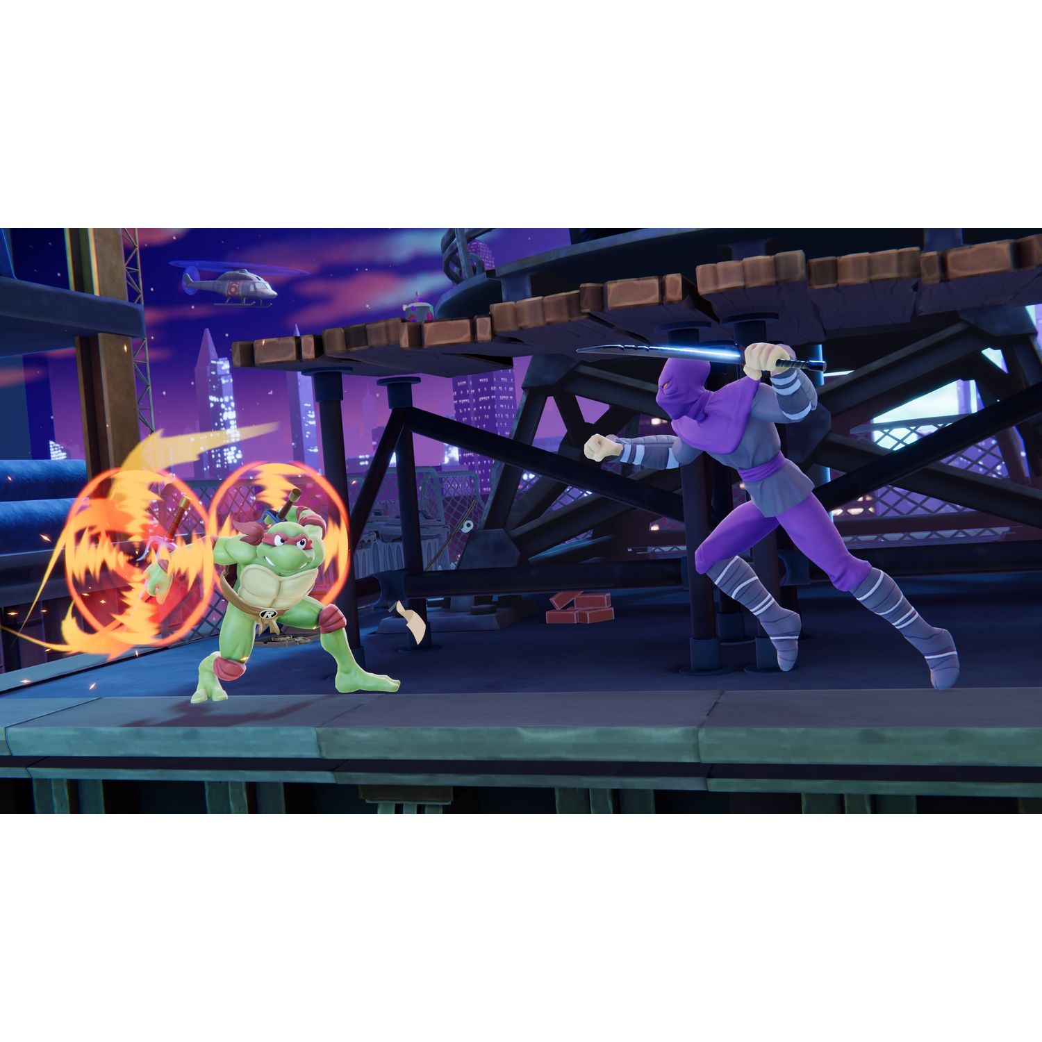 A ninja turtle fights an enemy in purple clothes on a rooftop platform at night.
