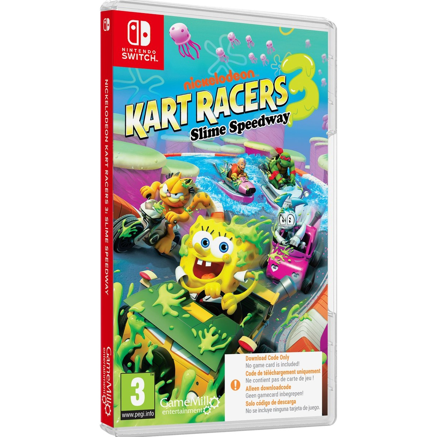 Nickelodeon Kart Racers 3: Slime Speedway video game cover for Nintendo Switch featuring colorful cartoon characters.