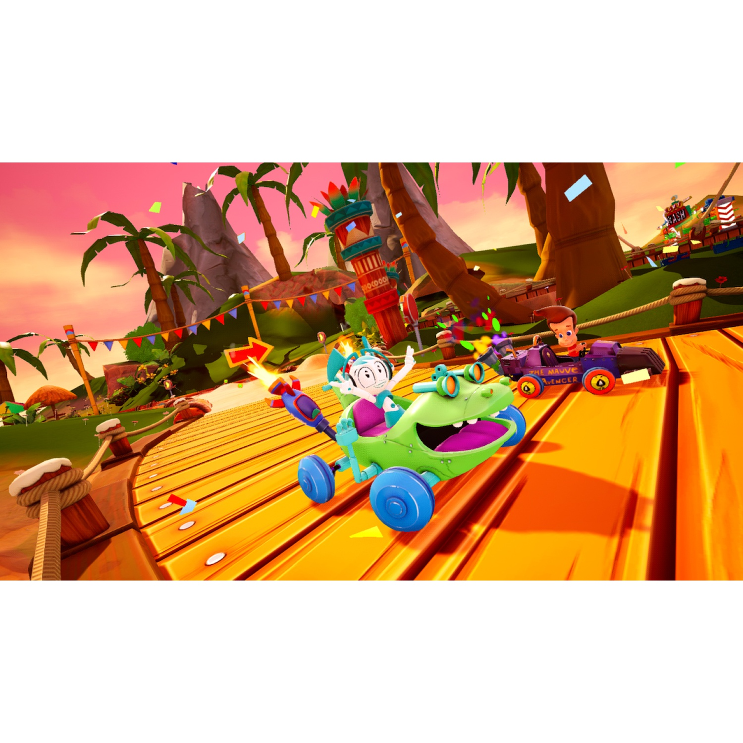 Cartoon characters drive colorful karts on a wooden track through a tropical landscape.