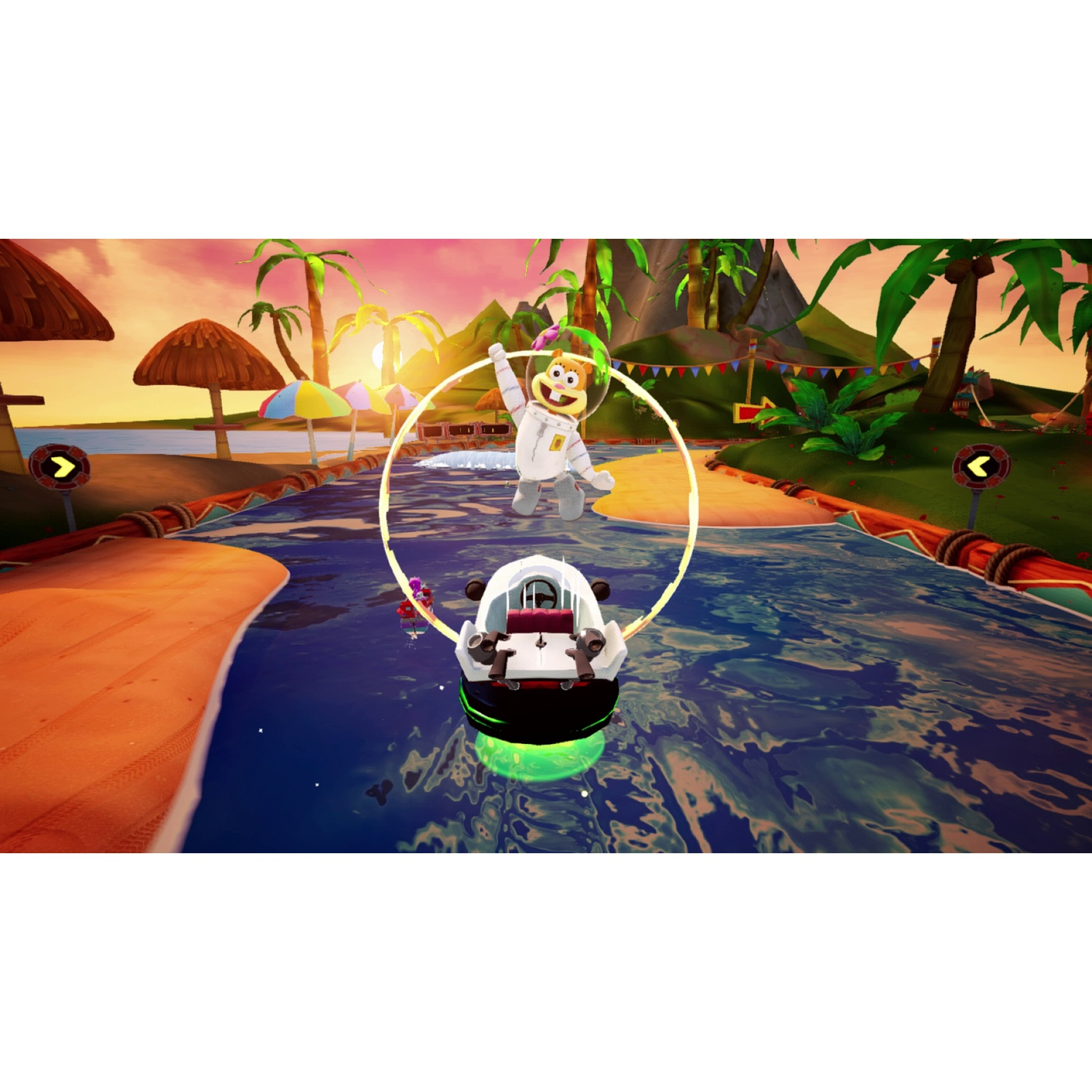 A squirrel in a spacesuit jumps through a golden ring while steering a boat on a river at sunset.