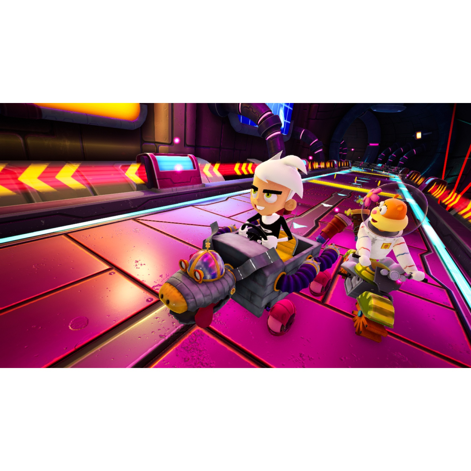 Danny Phantom and Sandy Cheeks drive karts on a futuristic purple lit track.
