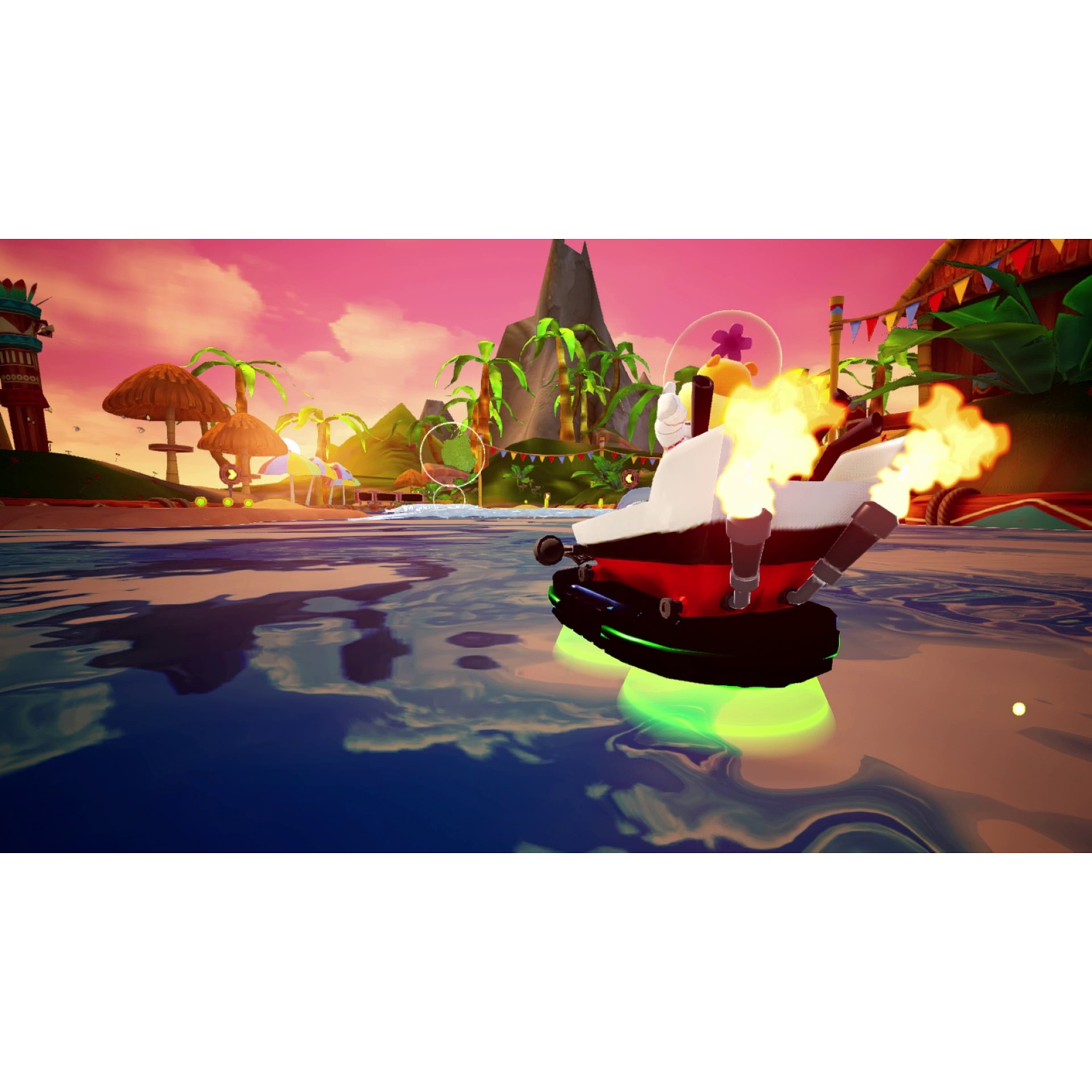 A character in a glowing red and white hovercraft speeding over water near a tropical beach at sunset.