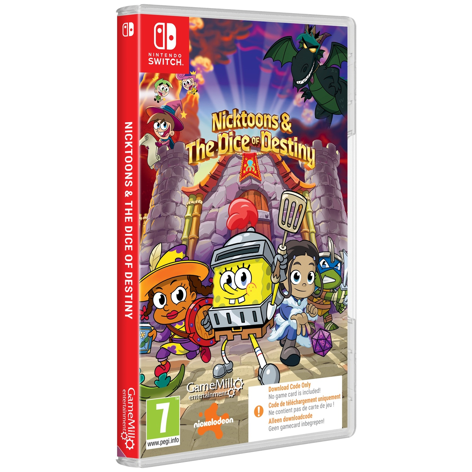 Nintendo Switch game case for Nicktoons & The Dice of Destiny featuring cartoon characters before a castle.