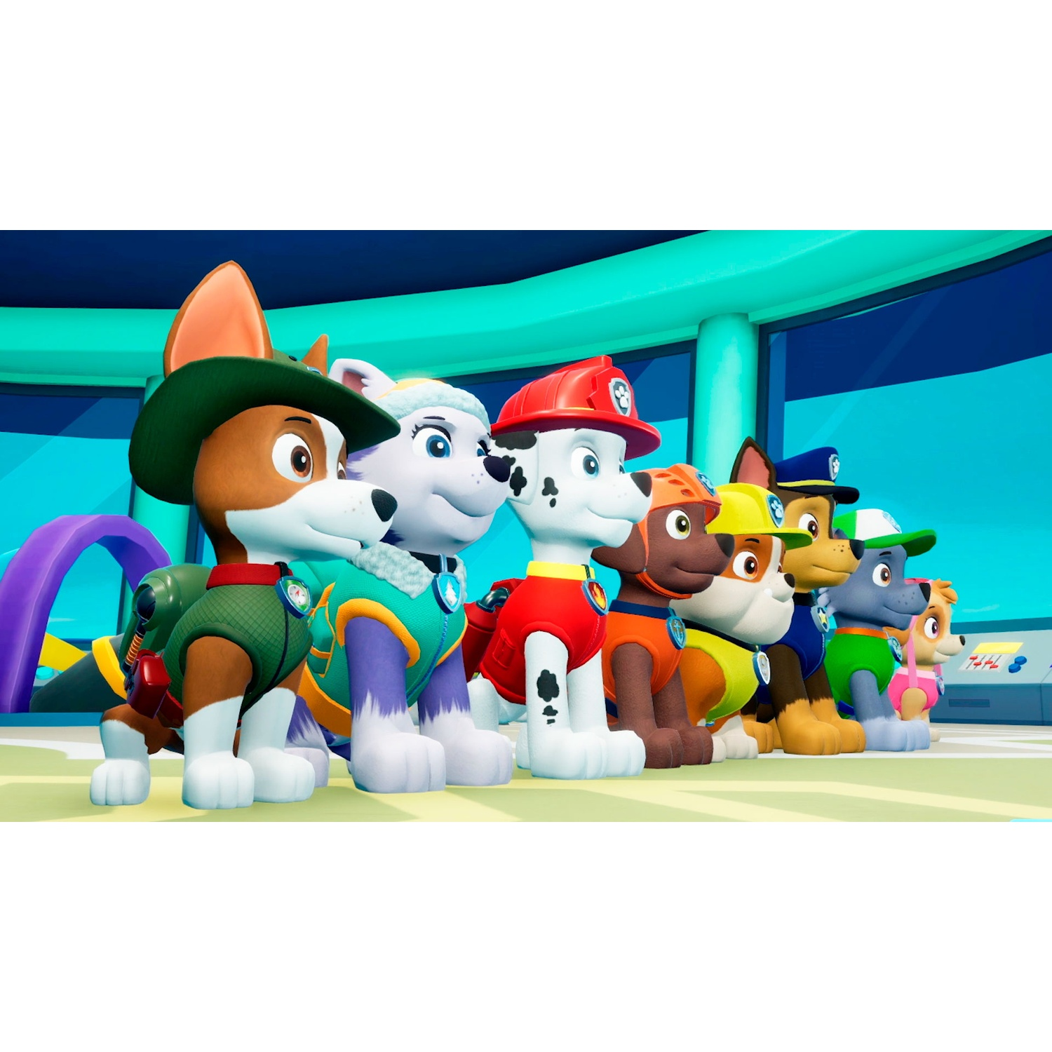 The Paw Patrol characters stand lined up inside their headquarters, looking focused and ready for action.
