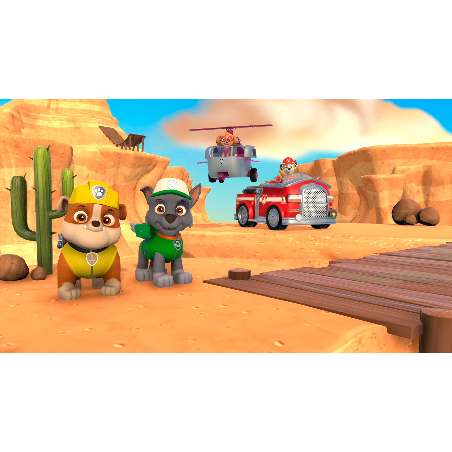 Paw Patrol characters in a desert landscape with vehicles and a cactus.