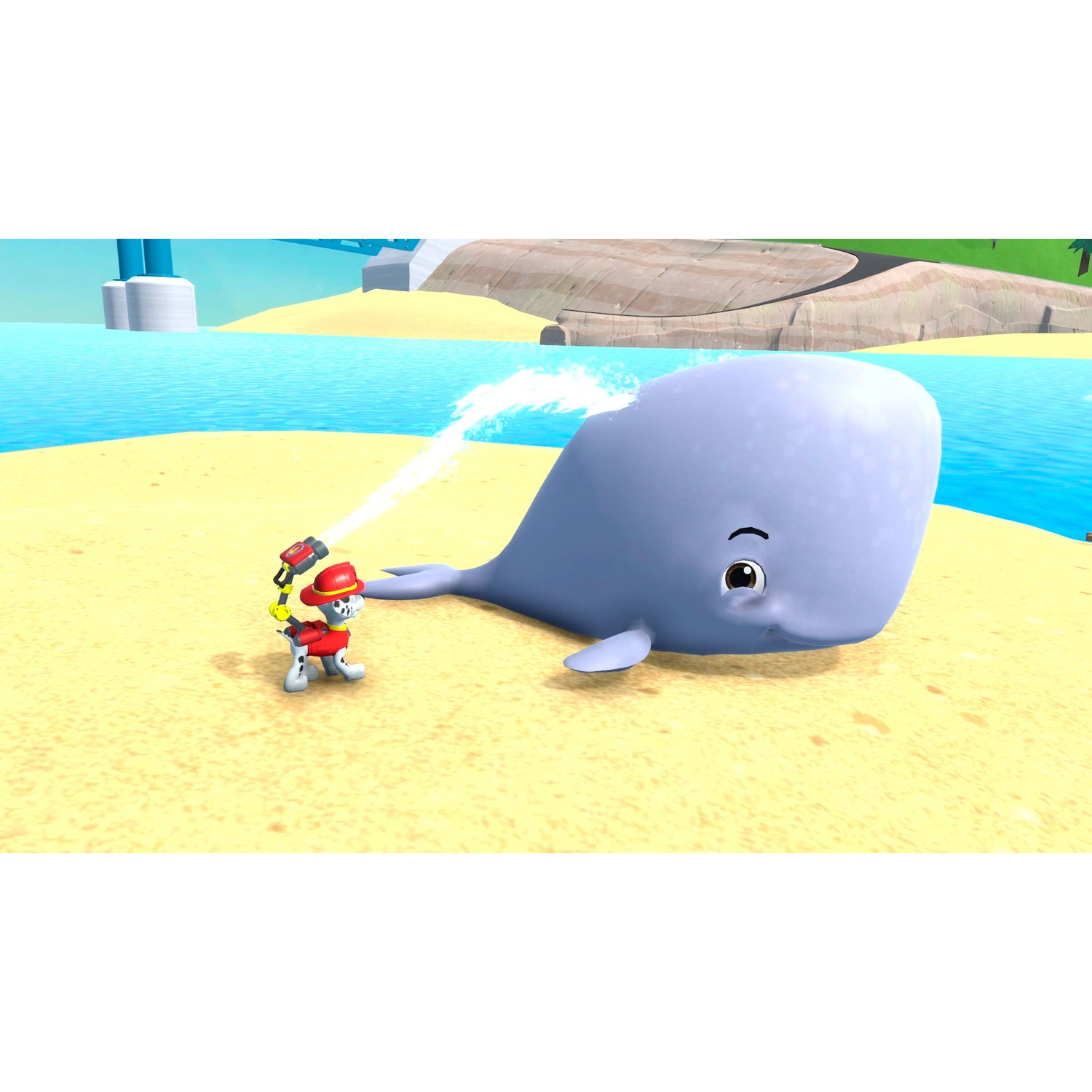 Marshall from Paw Patrol sprays water on a large blue whale resting on a sandy beach.