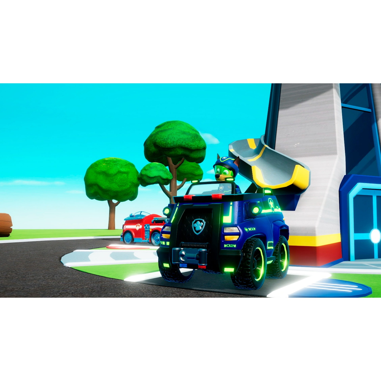 A blue rescue vehicle with green accents parked by a futuristic building with trees in the background.