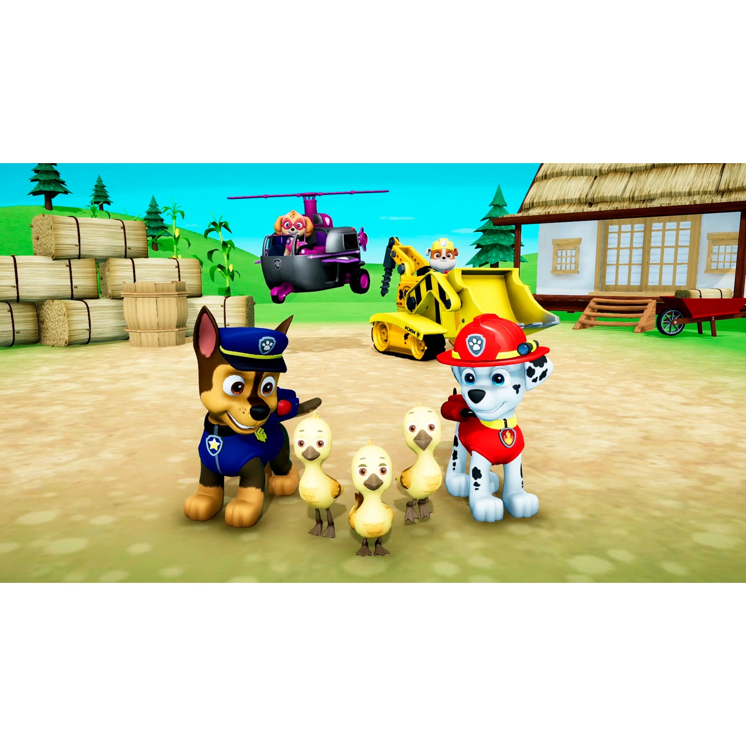Paw Patrol characters Chase and Marshall with small ducks on a farm with a barn and helicopter.