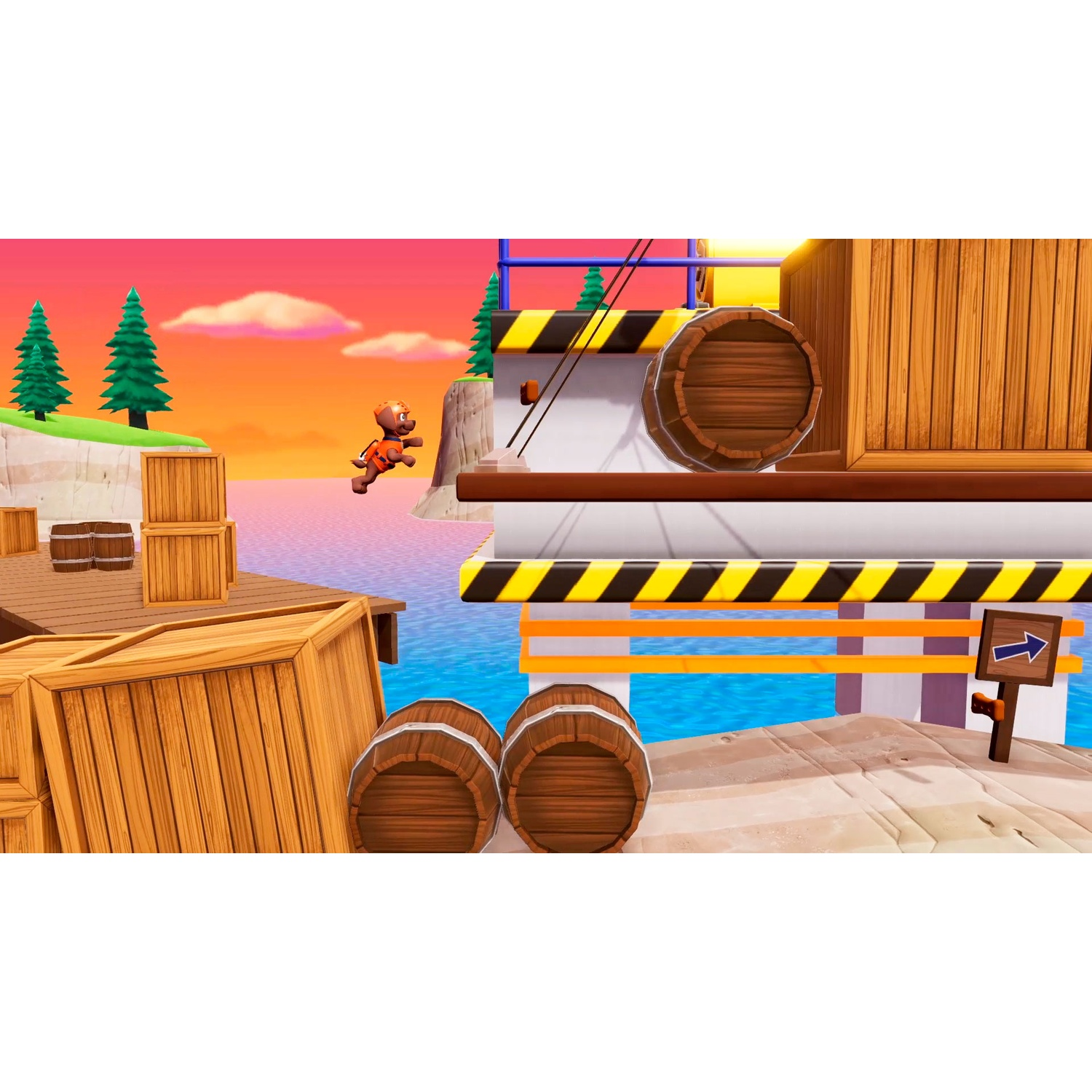 A character in an orange suit jumps from a wooden dock to a ship at sunset.