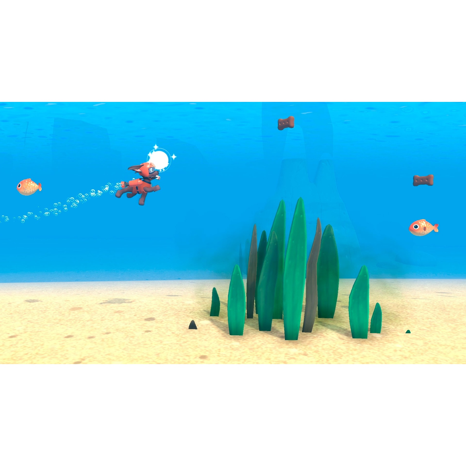 Underwater scene with a dog wearing gear, fish, seaweed, and dog treats in clear blue water.