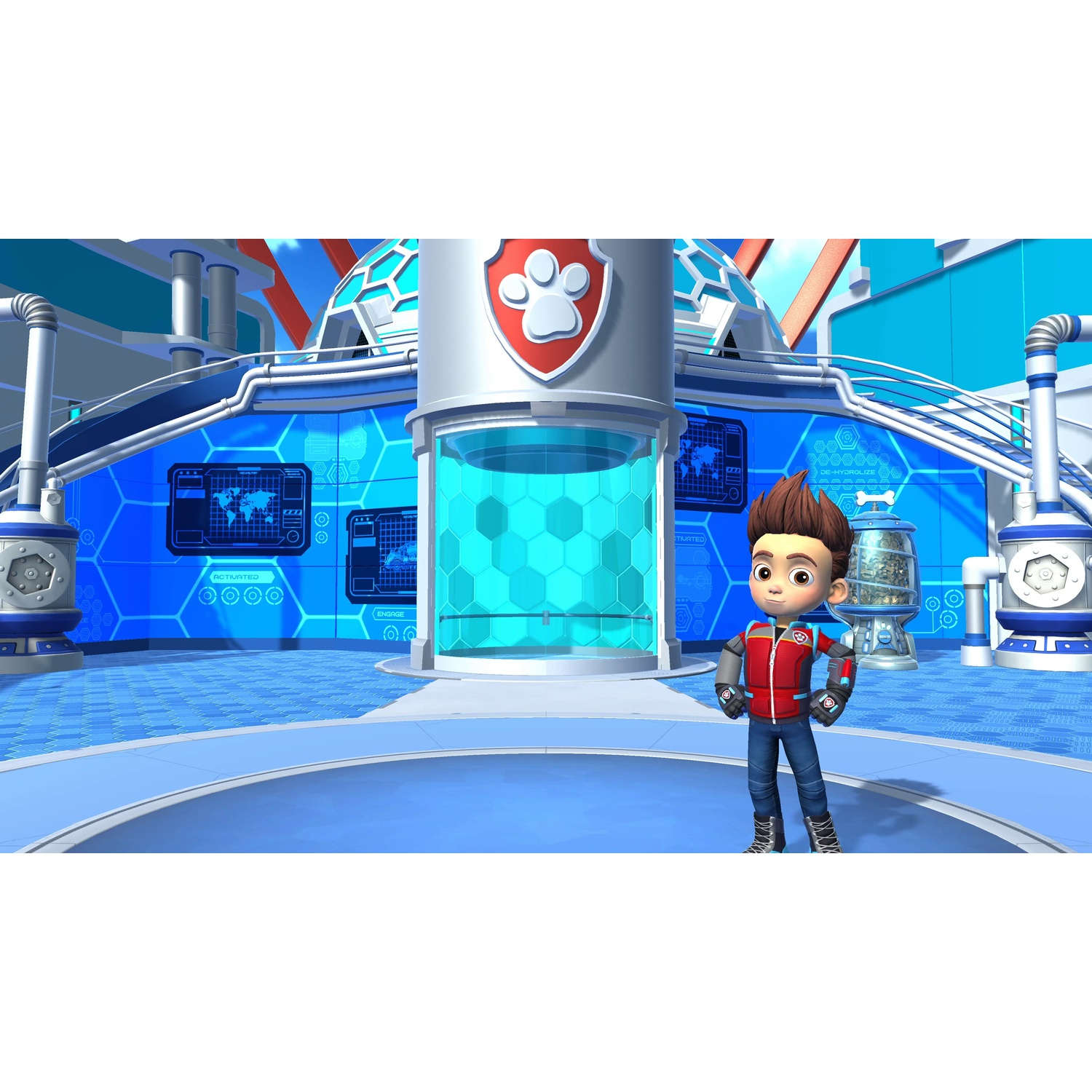 Ryder stands in a blue high-tech control room before a glass tube with a paw print symbol.