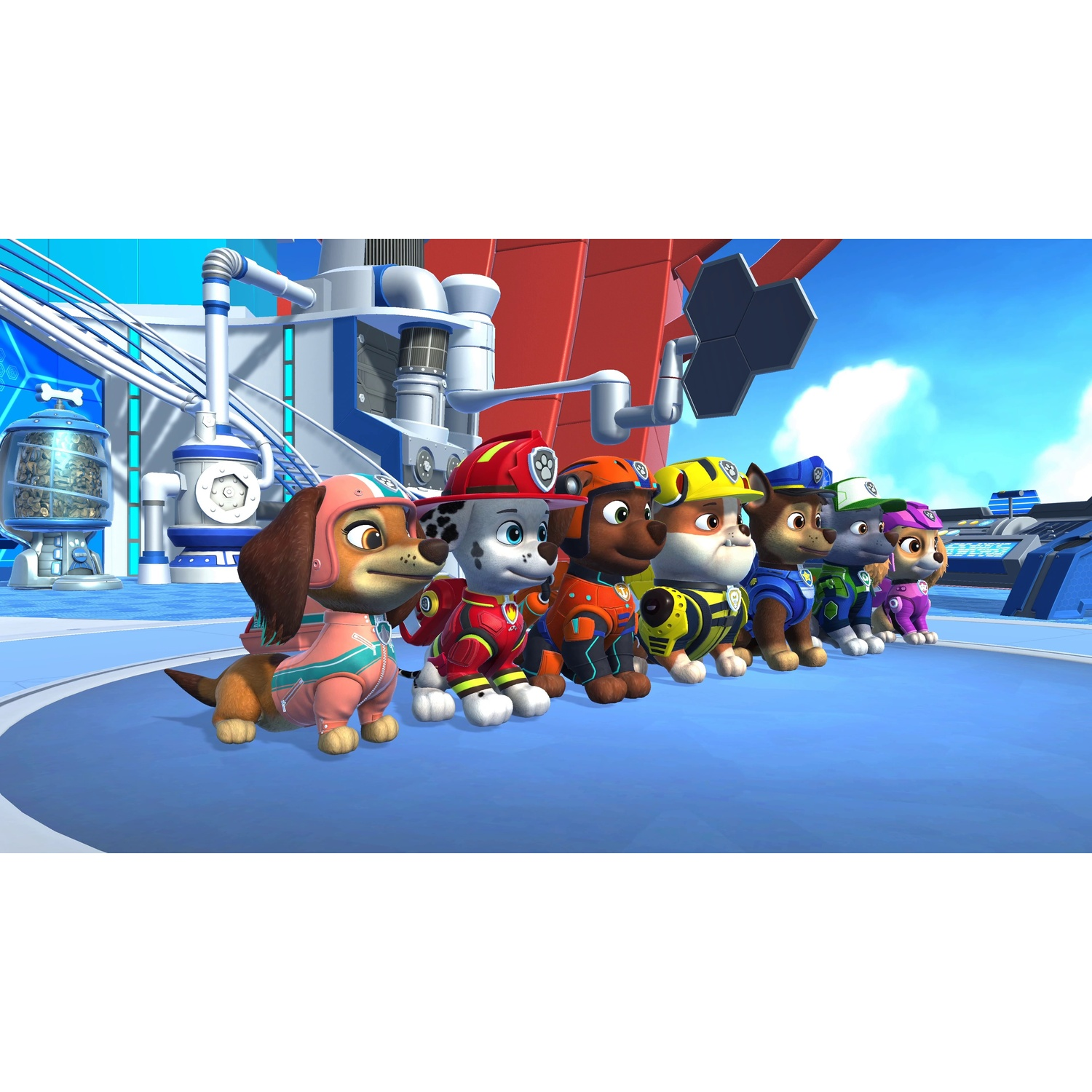 The Paw Patrol pups lined up in a row outdoors with a futuristic building in the background.