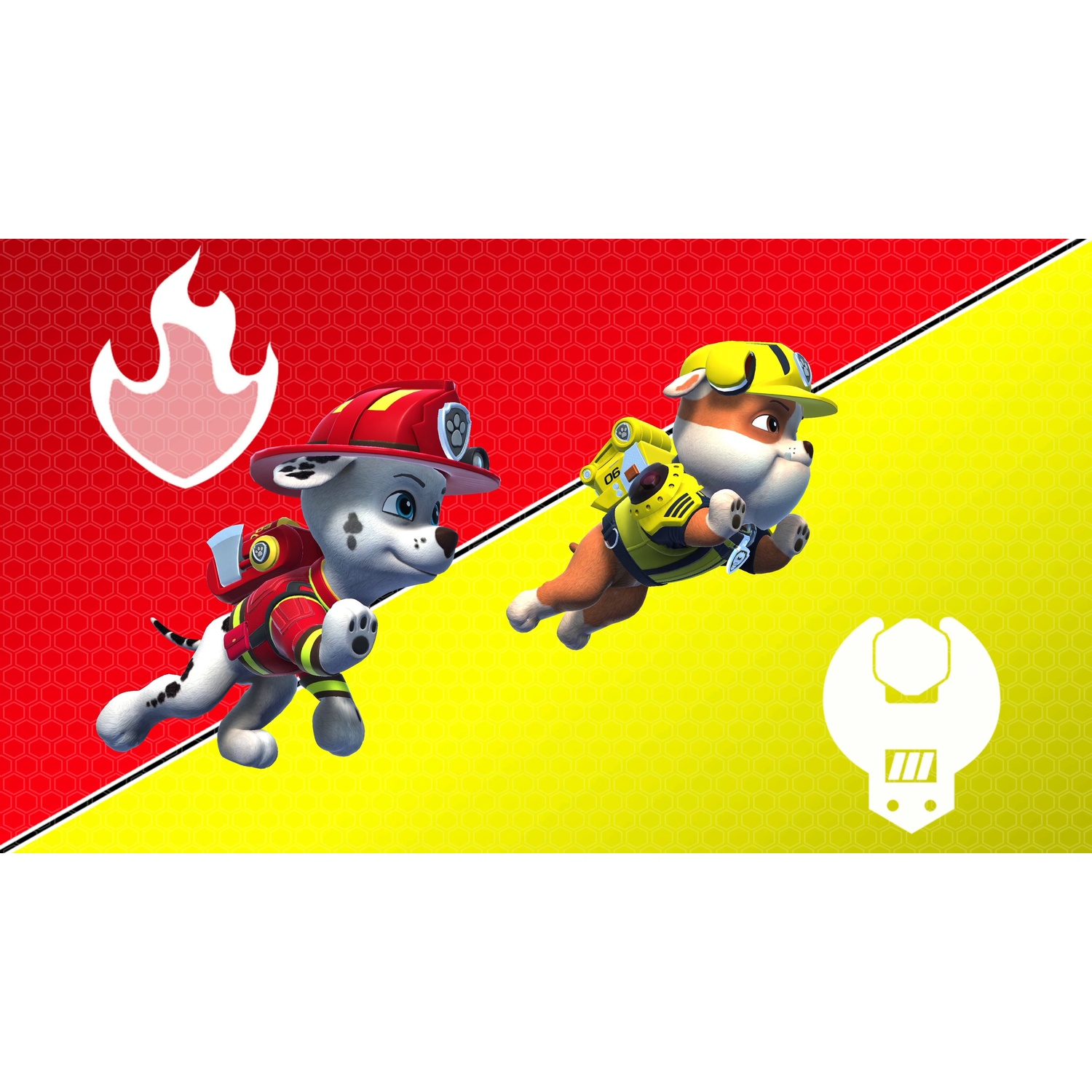 Marshall in red and Rubble in yellow leap forward against a split red and yellow background.