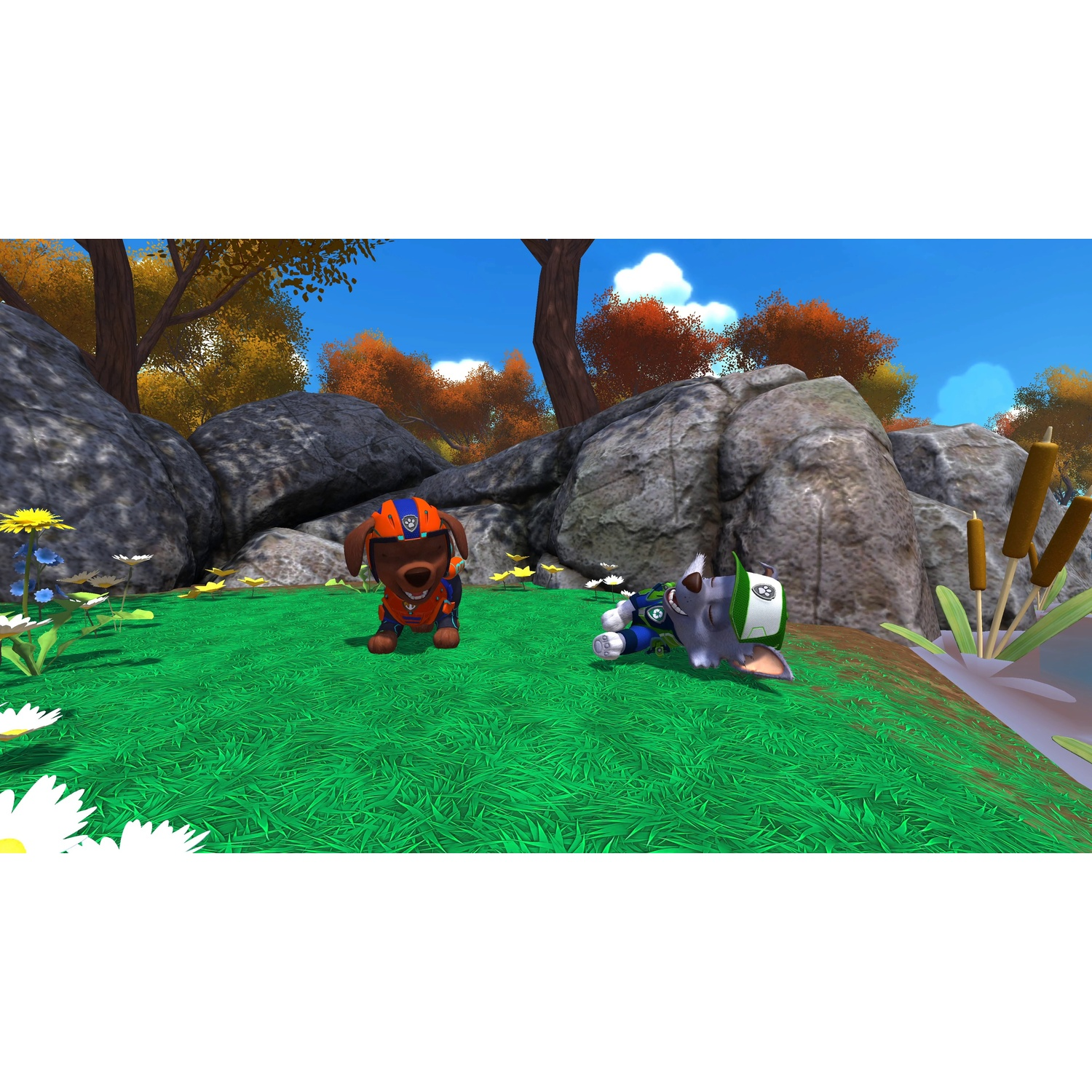 Two cartoon dogs on green grass with rocks in the background, one standing and the other lying down.
