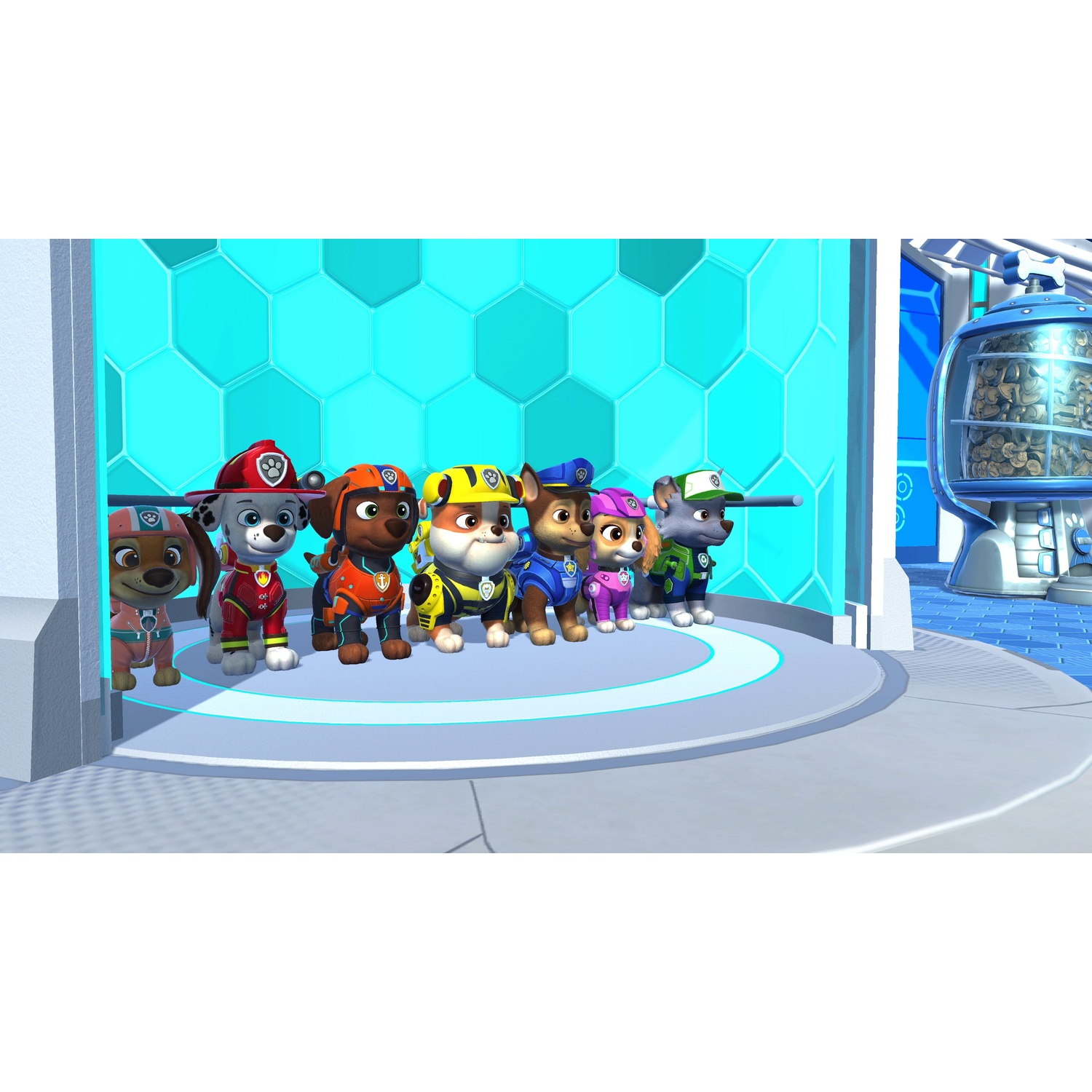 Six colorful Paw Patrol pups stand in a row inside a futuristic hall with a blue honeycomb background.