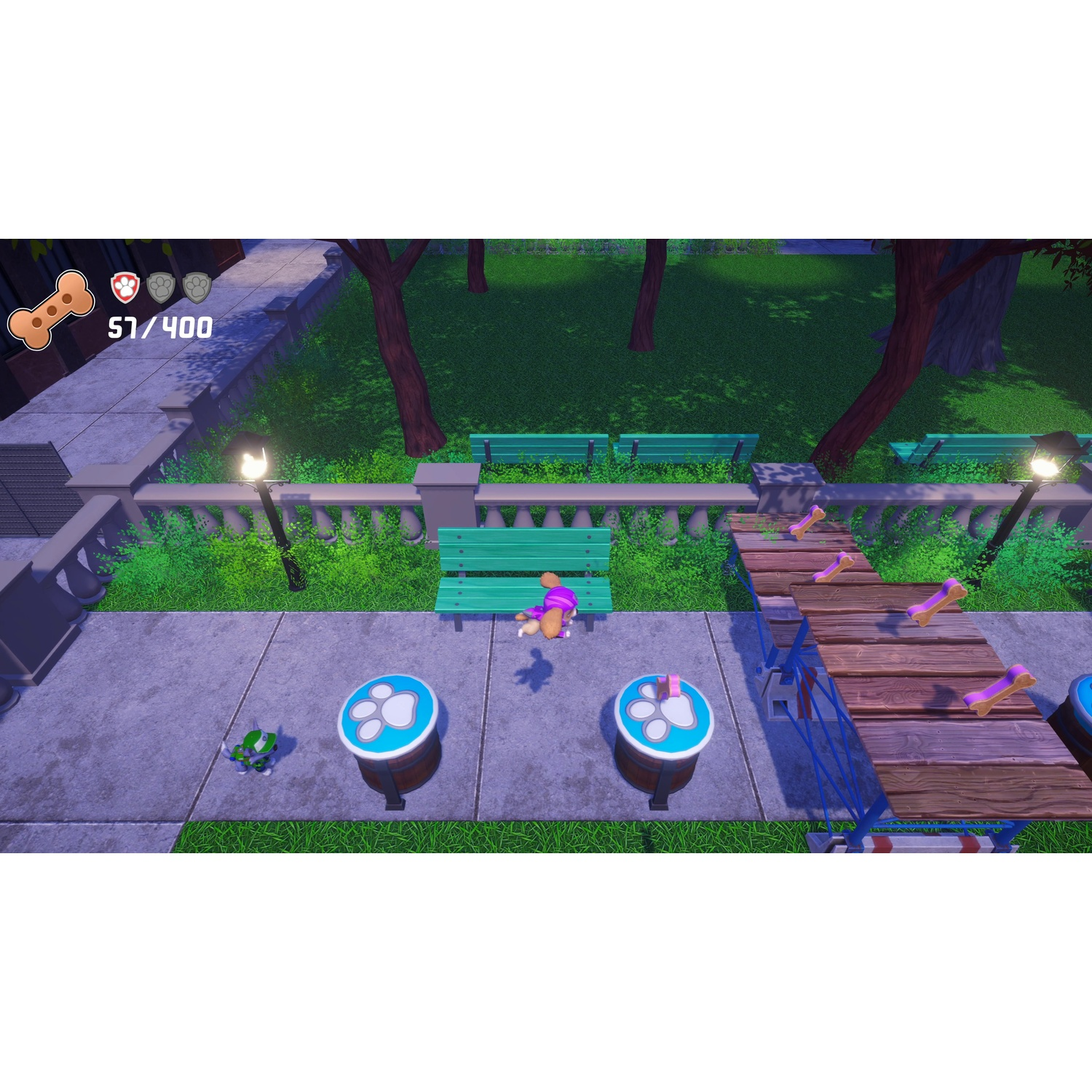 A video game park with benches, lamps, and bones on wooden tables in front of a green lawn.