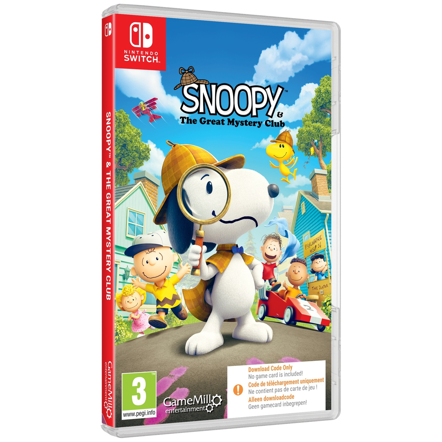 Snoopy as a detective with a magnifying glass and Charlie Brown on Nintendo Switch cover.