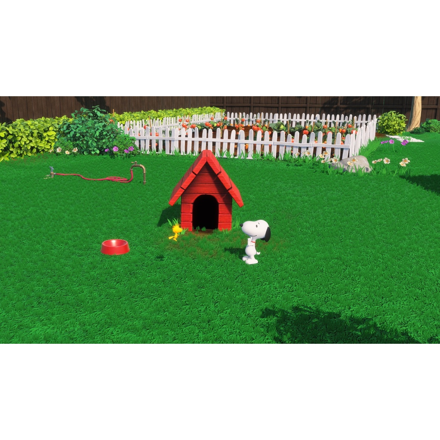 Snoopy and Woodstock stand in front of a red doghouse on a green lawn with a fenced garden in the background.