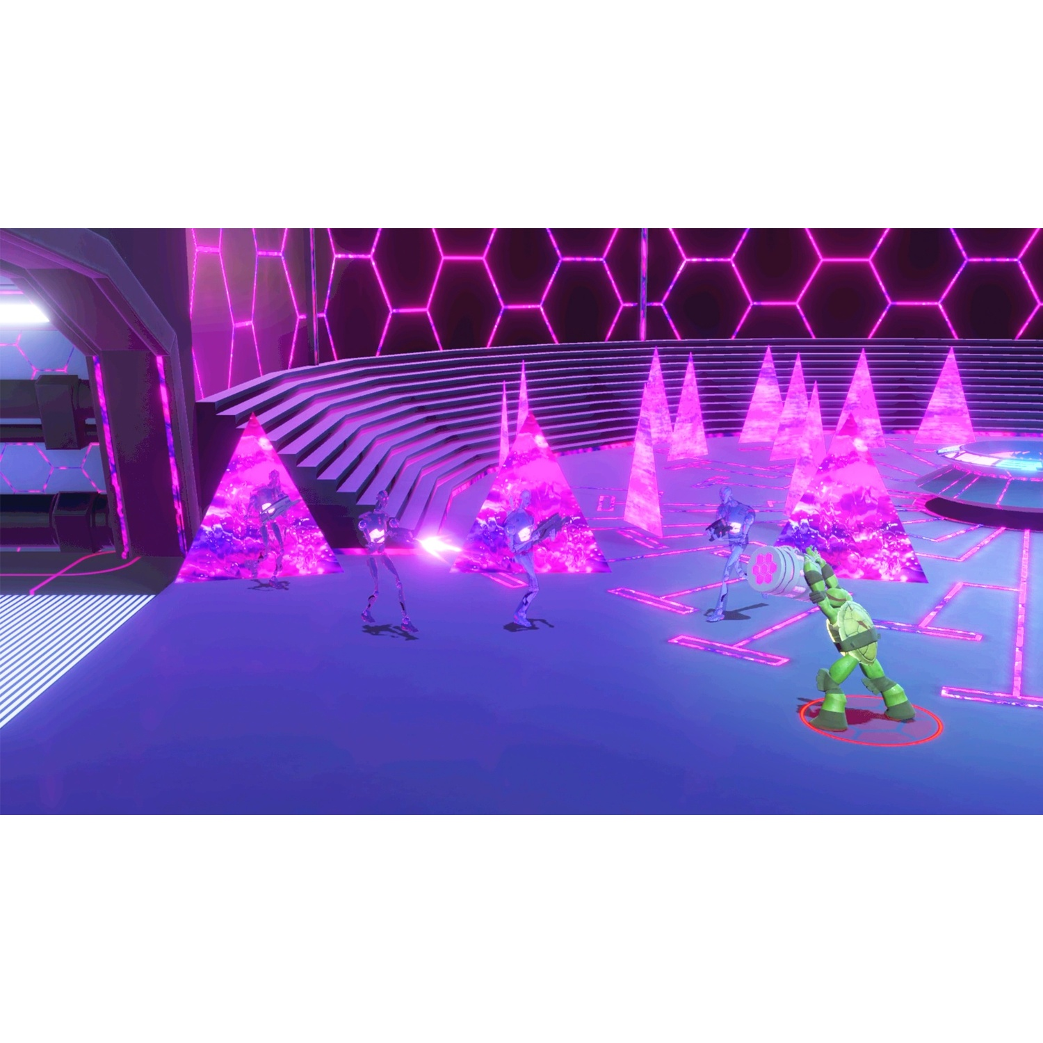 A green turtle fights robots in a purple neon room among glowing pyramids.