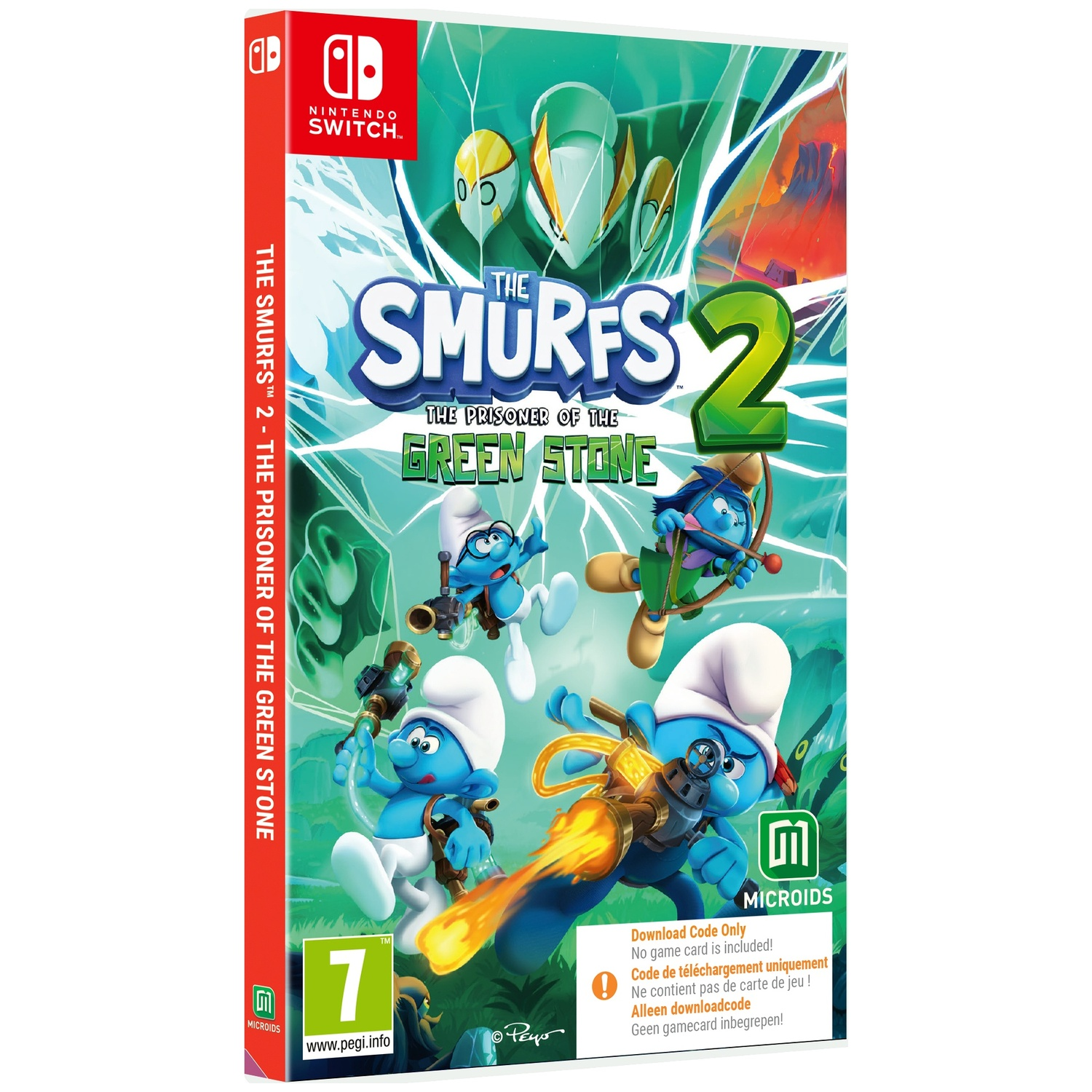 The video game cover of The Smurfs 2: The Prisoner of the Green Stone for Nintendo Switch.