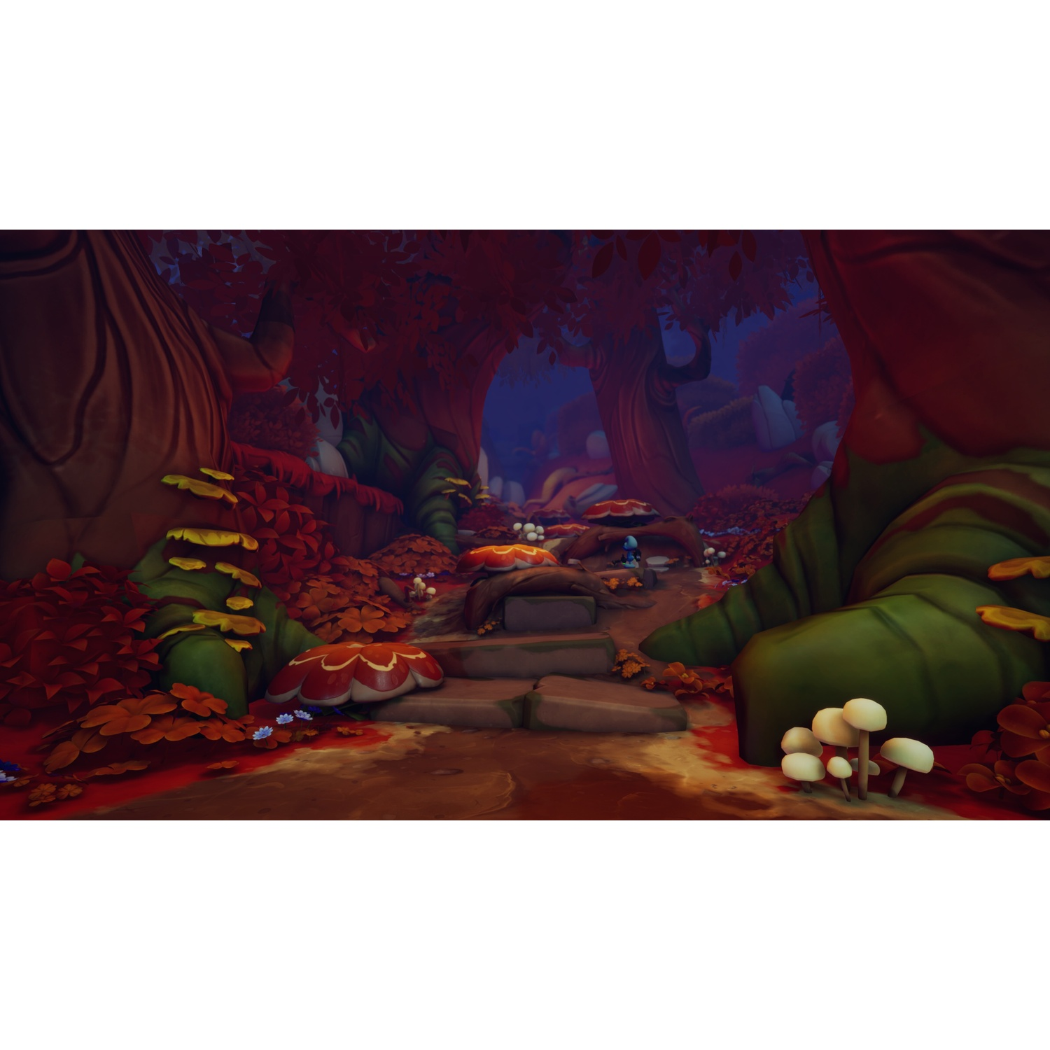 A mystical autumn forest with red leaves, giant trees, and colorful mushrooms on the forest floor.