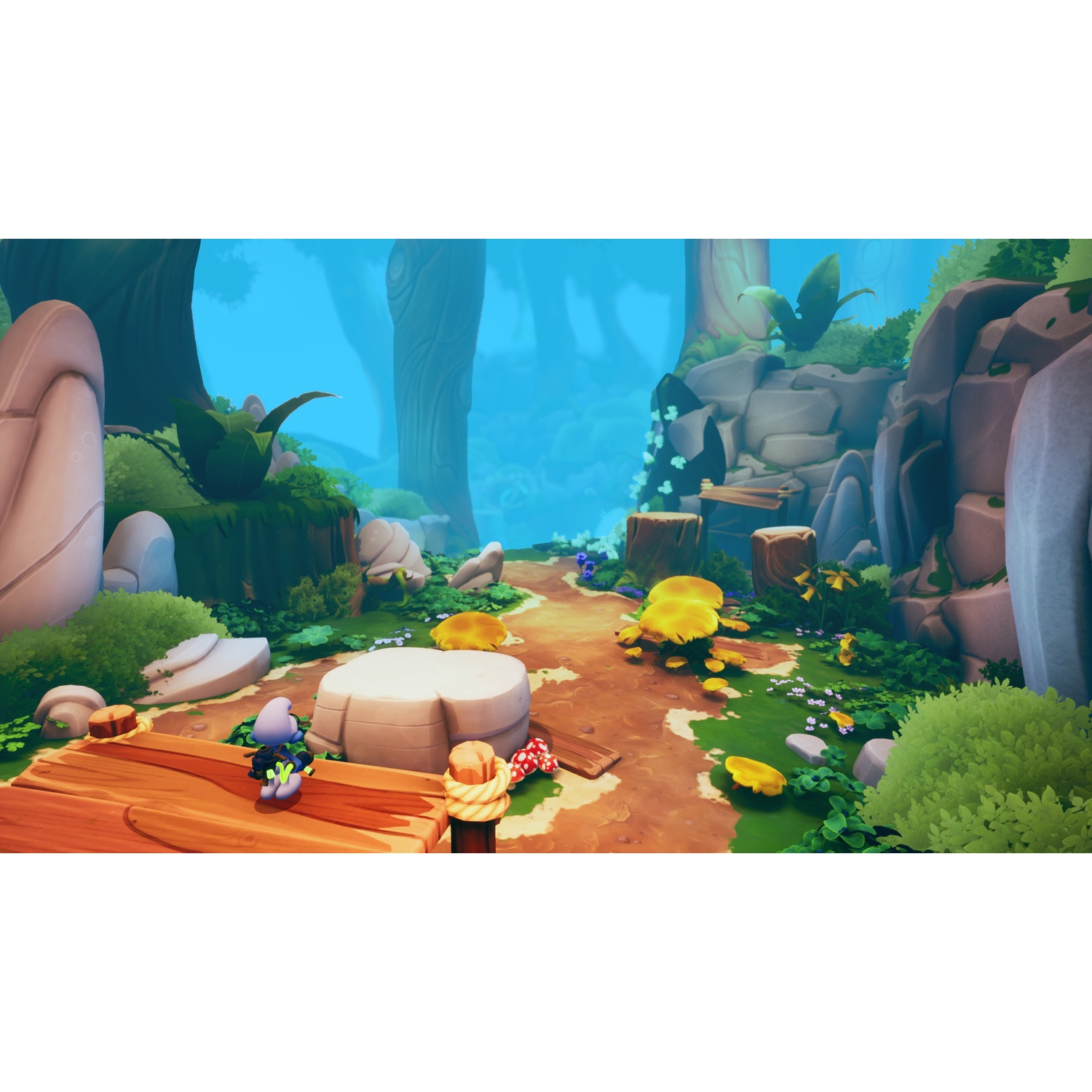 A small blue character stands on a wooden bridge in a fantasy forest with rocks, green plants, and glowing yellow mushrooms.